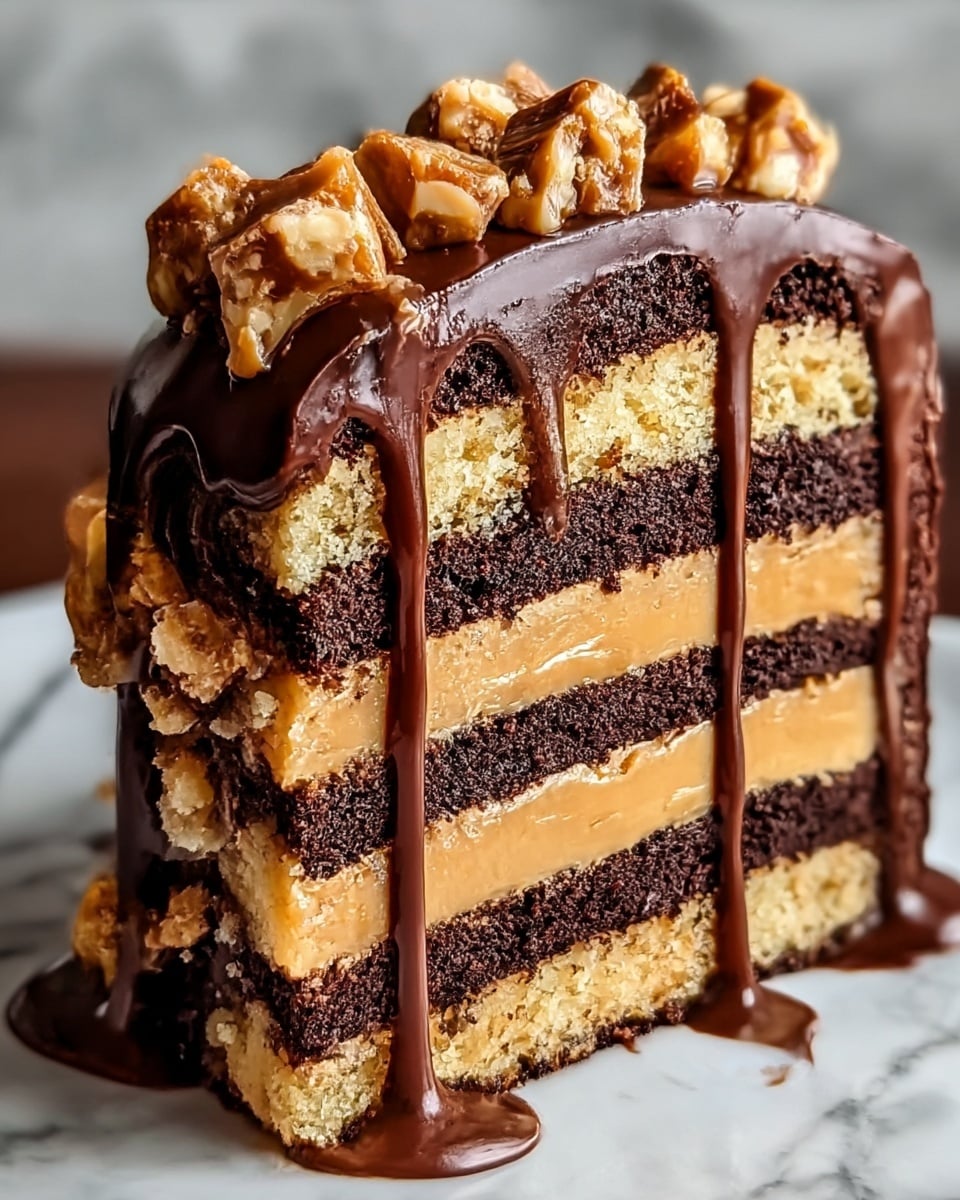 The image shows a close-up of a multi-layered cake slice with five visible layers. The bottom and second layers are light yellow with a crumbly texture, alternating with dark, rich chocolate layers. Between the first and second, and the third and fourth layers, there is a smooth peanut butter filling. The cake is covered in a glossy, thick dark chocolate ganache that drips down the sides and pools at the base. The top is sprinkled with small pieces of crunchy peanut butter candy. The surface under the cake is a white marbled texture. photo taken with an iphone --ar 4:5 --v 7
