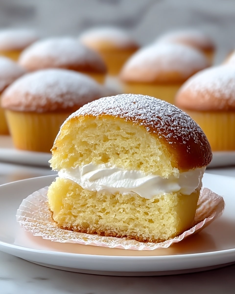 A close-up view of small round sponge cakes, each with two layers; the top layer is golden brown and soft with a powdered sugar dusting, while the bottom layer is light yellow and fluffy. Between the two sponge layers is a thick, white whipped cream filling, visible and slightly uneven. The cakes sit on a smooth white plate, which is on a white marbled surface. In the center, one cake is cut open to reveal the texture and cream inside, with several whole cakes softly blurred in the background. Photo taken with an iphone --ar 4:5 --v 7
