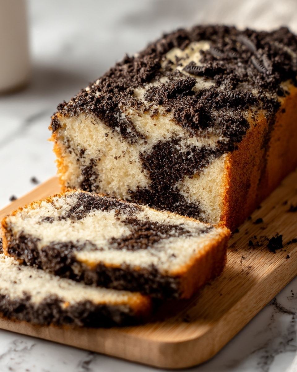 This image shows a loaf of cookies and cream cake on a wooden board. The cake has two main layers: a light, soft vanilla base with dark, crushed cookie pieces mixed inside, creating a swirled pattern throughout. The top is covered with more crushed dark cookies, giving a rough texture that contrasts with the smooth inside. Two slices are cut from the loaf, revealing the inside cookie layers clearly. The background has a white marbled texture, adding to the clean look. photo taken with an iphone --ar 4:5 --v 7