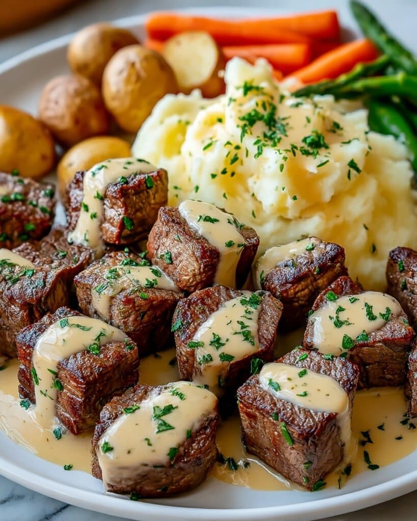 Easy Garlic Butter Steak Bites with Parmesan Cream Sauce Recipe