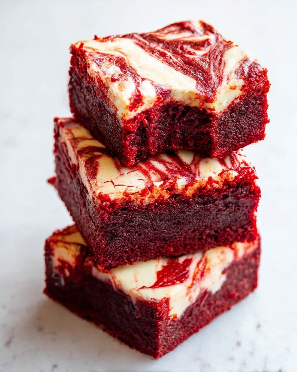 A stack of three thick, square-shaped red velvet brownies with visible layers, each brownie showing a rich, deep red color with moist and dense texture. The top layer has cream cheese swirls in white and light pink tones, creating a marbled effect with smooth and slightly glossy texture. The middle brownie also shows the marbled cream cheese layer clearly, adding contrast between the red base and white swirls. The brownies are placed on a white marbled surface with some tiny crumbs scattered around them. photo taken with an iphone --ar 4:5 --v 7