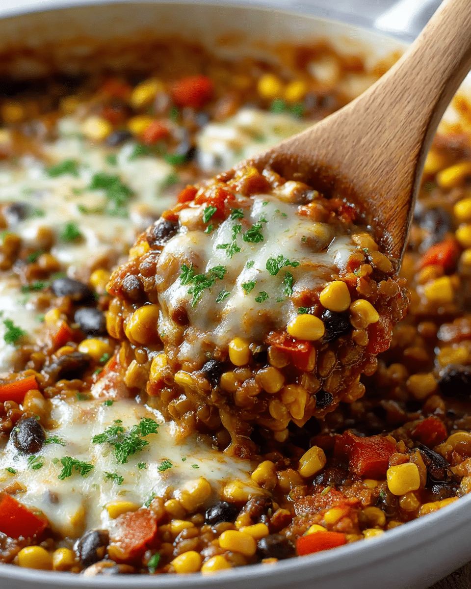 A close-up of a dish in a white pan filled with three main layers: a base of brown lentils mixed with yellow corn kernels and black beans, scattered with small red tomato pieces and green herbs. On top, a layer of melted white cheese softly stretching as it is scooped by a wooden spoon. Small bits of finely chopped green herbs are sprinkled over the cheese, adding a fresh look. The pan is set on a white marbled surface, and the focus is on the spoon lifting a scooped portion. Photo taken with an iphone --ar 4:5 --v 7