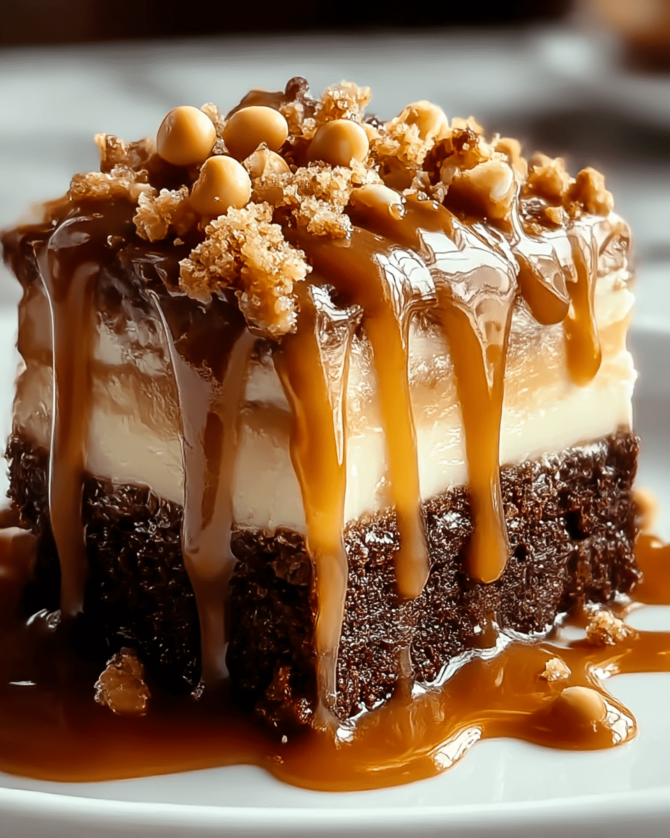 A close-up view of a rich, dark chocolate cake slice with three visible layers, each separated by a creamy light tan filling. The top is thickly coated with glossy caramel sauce that drips slowly down the sides and pools onto a white plate below. Crumbled crunchy bits and small round light tan candies are sprinkled densely on the top, adding texture and contrast. The background is a soft, blurred white marbled texture that highlights the glossy shine and moistness of the cake layers. Photo taken with an iphone --ar 4:5 --v 7