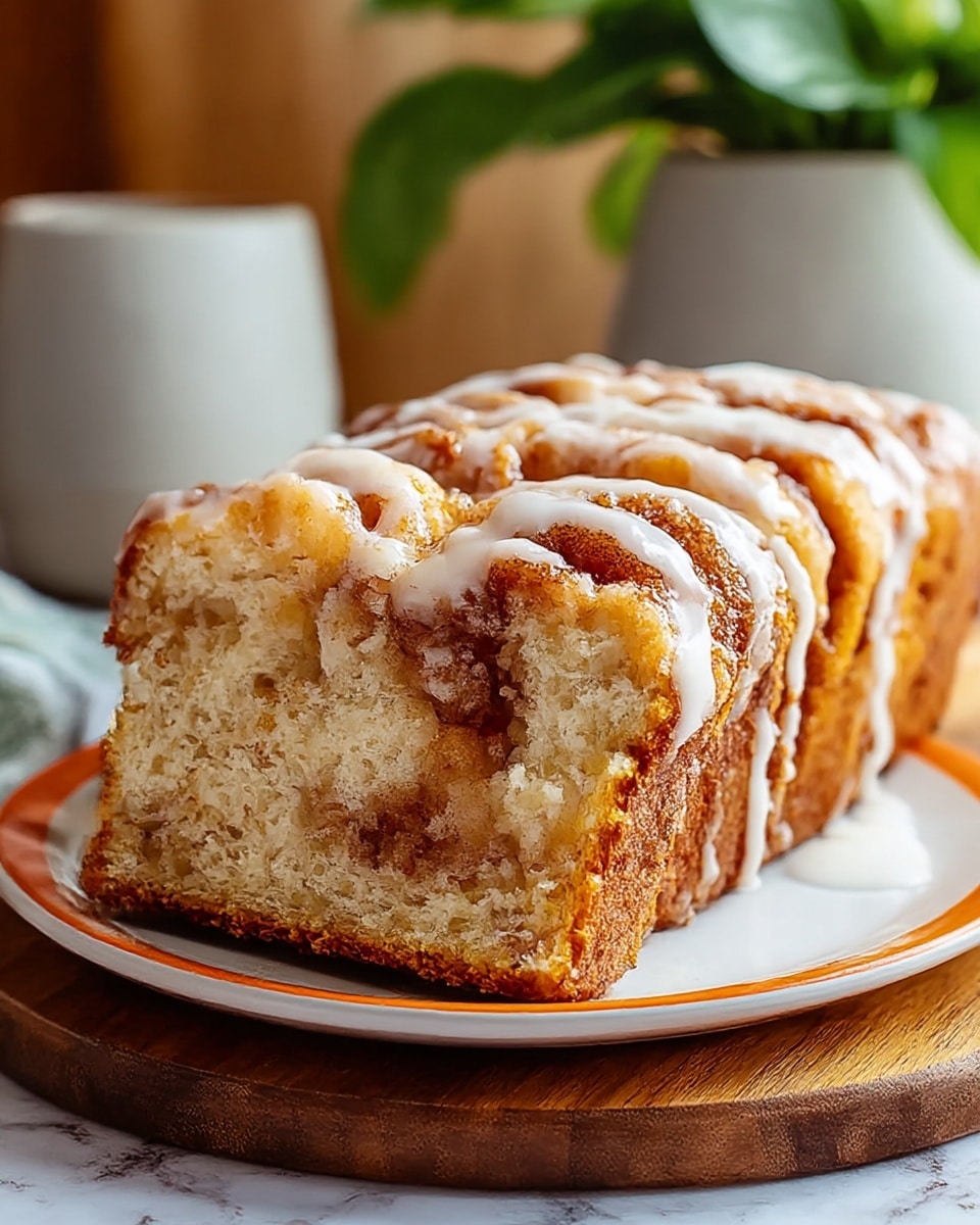 A sliced cinnamon roll bread showing about six layers, with a golden-brown crust on the outside and soft, light beige bread inside. On top, there is a drizzle of white icing that flows over the ridges and cinnamon bits in a swirl pattern, creating a shiny and slightly sticky texture. The bread rests on a white plate with an orange rim, which sits on a wooden board over a white marbled surface, and there is an out-of-focus light gray pot with a green plant in the background. photo taken with an iphone --ar 4:5 --v 7