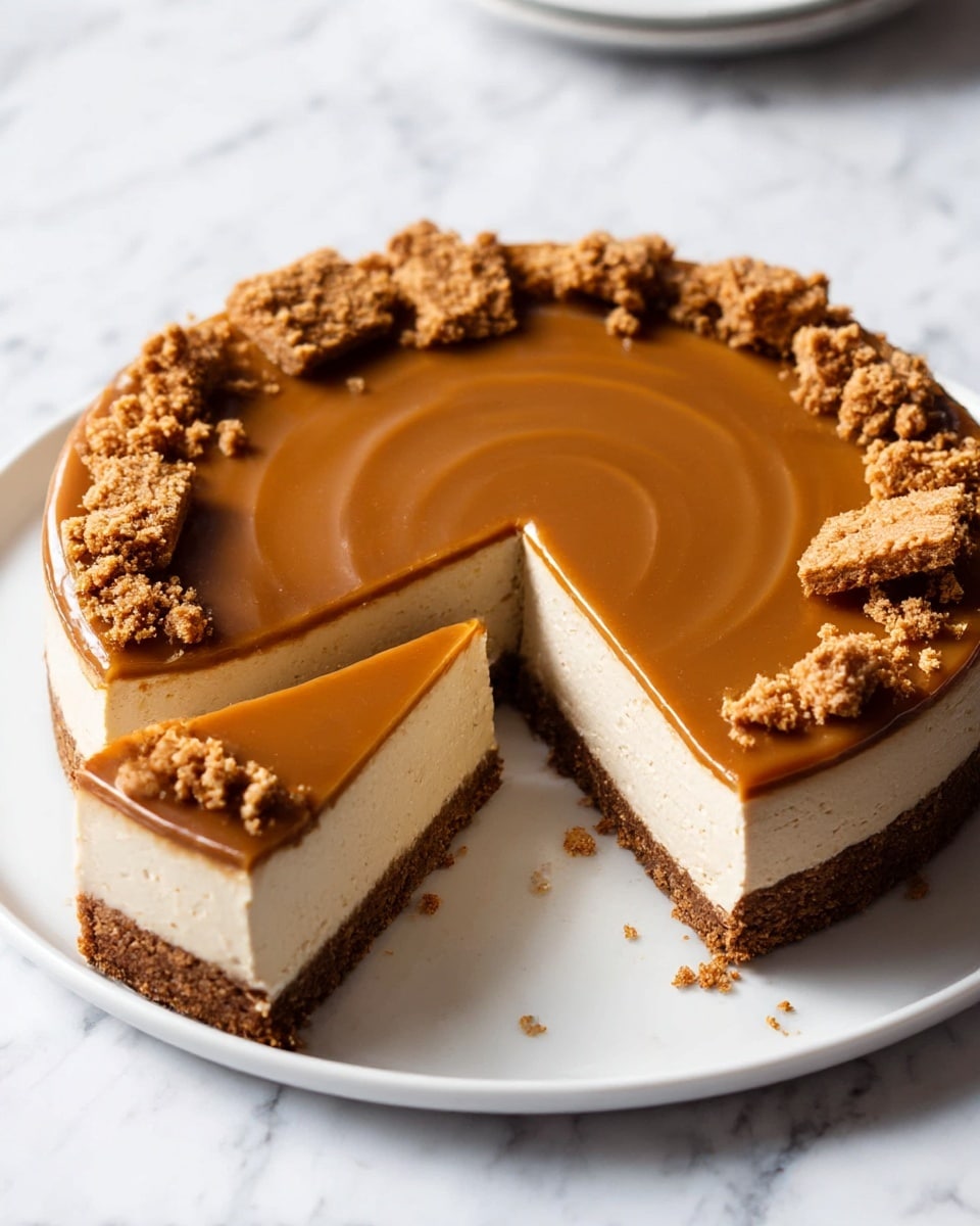 A round cheesecake with three visible layers is shown on a white plate over a white marbled surface. The bottom layer is a crumbly, brown biscuit crust. The middle layer is thick, smooth, and off-white, making up most of the cake's height. The top layer is a shiny caramel-colored glaze that has a smooth, swirled texture. Around the edge of the cheesecake, there are clusters of crumbly brown cookie pieces scattered evenly. Three slices have been cut and one slice is partly pulled out, showing the clean layers clearly. A gray and white striped cloth is slightly visible under the plate. Photo taken with an iphone --ar 4:5 --v 7