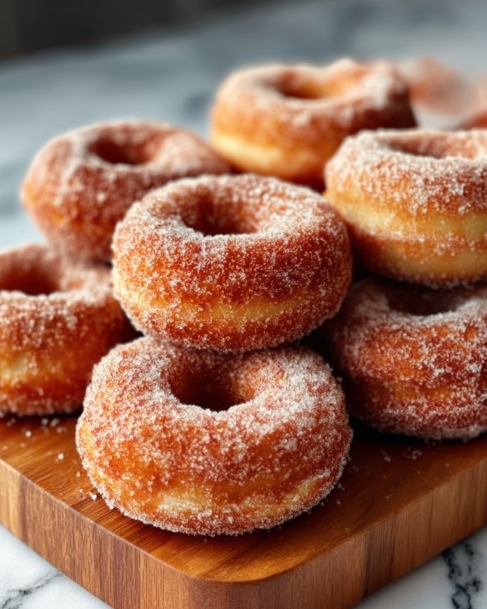 The image shows several round donuts with a golden-brown color, covered in a thick layer of sugar. The donuts have a slightly rough texture on the outside, with some areas showing a lighter golden shade. They are placed closely together on a wooden board, which has a natural grain pattern and is set against a white marbled surface in the background. The donuts appear soft and fluffy inside with a crisp outer layer. photo taken with an iphone --ar 4:5 --v 7