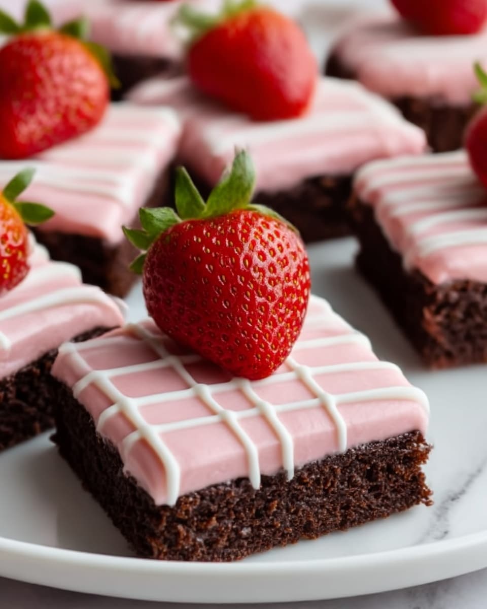 The image shows several square pieces of chocolate cake with a thick light pink frosting layer on top, decorated with thin white icing lines drizzled across each piece. Each cake square is topped with a fresh red strawberry with green leaves, placed in the center. The cakes are arranged closely on a white plate set on a white marbled surface. The texture of the cake looks moist and soft, while the frosting is smooth and glossy. photo taken with an iphone --ar 4:5 --v 7