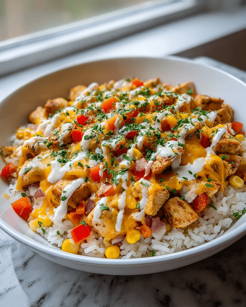 A white bowl filled with a layered rice dish starting with a base of fluffy white rice, topped with grilled chicken pieces that are light brown with grill marks, mixed with bright yellow corn kernels and diced red bell peppers. This is covered by melted yellow and white cheese, with a drizzle of creamy white sauce throughout, and garnished with finely chopped green herbs scattered all over. The bowl sits on a white marbled surface near a window, showing natural light on the food. photo taken with an iphone --ar 4:5 --v 7