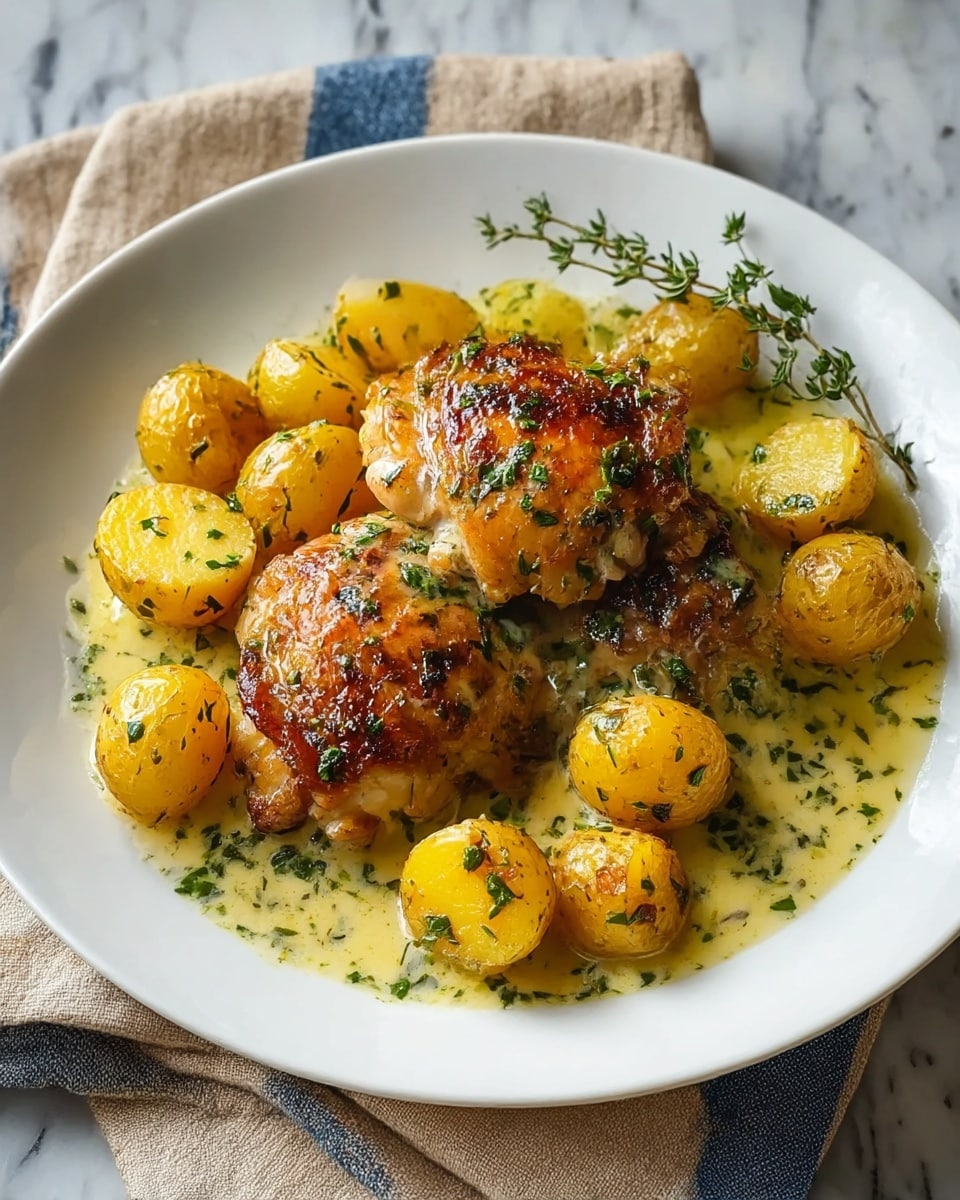 A white plate holds a dish with two pieces of golden-brown, grilled chicken thighs, showing a slightly charred and crispy skin with visible herbs. Around the chicken, there are several small, round, yellow roasted potatoes, each one coated with herbs and seasoning. The chicken and potatoes sit in a creamy, pale yellow sauce with green herbs dotted throughout. A small sprig of fresh green thyme is placed among the potatoes, adding a touch of freshness. The plate is set on a piece of beige and blue cloth on a white marbled surface. photo taken with an iphone --ar 4:5 --v 7