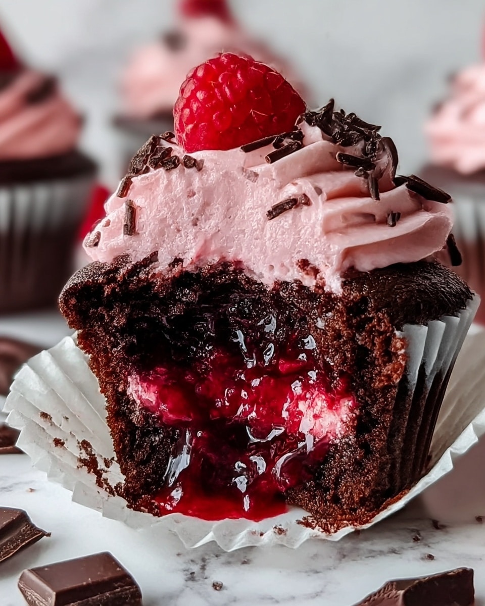 A close-up of a chocolate cupcake with three layers: a dark brown chocolate cake base, a middle layer of thick, glossy, red berry jam filling that looks gooey and wet, and the top layer of light pink whipped frosting with a smooth, soft texture. The frosting is decorated with small dark chocolate pieces scattered on top and a fresh red raspberry placed in the center. The cupcake sits in a white paper liner, resting on a white marbled surface, with more chocolate pieces scattered around. In the background, there are other similar cupcakes with the same pink frosting visible. photo taken with an iphone --ar 4:5 --v 7