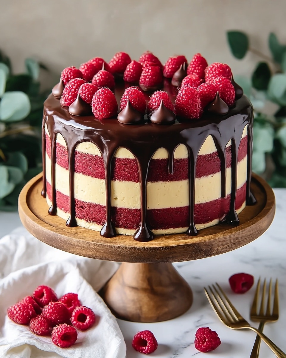 A round cake with four visible layers sits on a wooden cake stand. The cake layers alternate between deep red and light beige, starting and ending with red layers. A thick and glossy dark chocolate ganache covers the top and drips down the sides unevenly. The top layer is decorated with a generous pile of fresh, bright red raspberries sitting on the chocolate. The cake is placed on a white marbled surface with scattered raspberries around it, and a gold fork lies nearby. Photo taken with an iphone --ar 4:5 --v 7