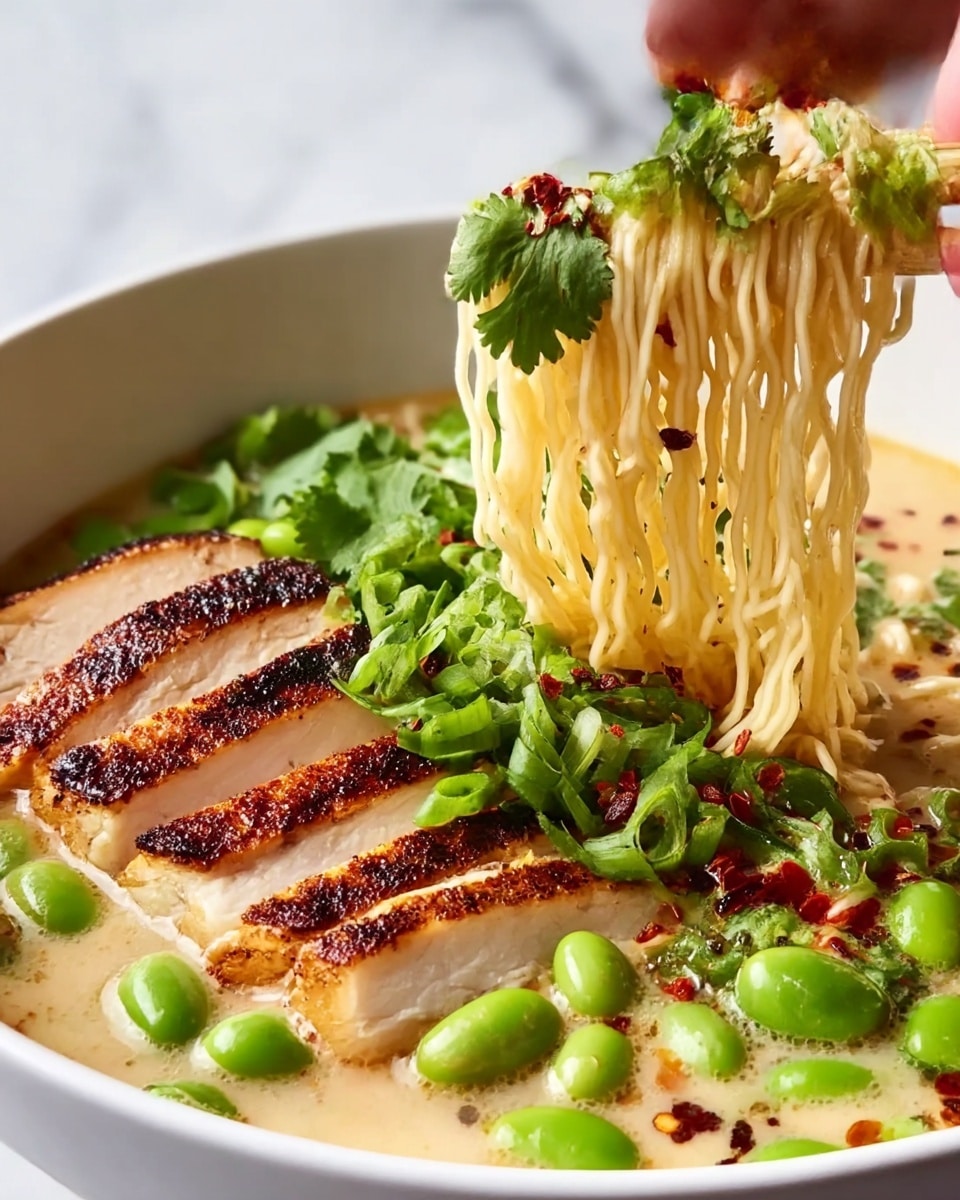 The image shows a bowl of ramen with several layers visible. The base is a light, creamy broth with a smooth texture. Floating on the broth are bright green sliced scallions and whole green edamame beans, adding fresh green tones. On one side is a grilled chicken breast, showing dark brown grill marks and a slight char, contrasting with the white chicken meat beneath. Thin ramen noodles are lifted from the bowl by a woman's hand, revealing their pale yellow color and slightly springy texture. There are also fresh green cilantro leaves and small bits of red chili flakes and black sesame seeds scattered on top, adding hints of red and black color. The bowl is white, placed on a white marbled surface. Photo taken with an iphone --ar 4:5 --v 7