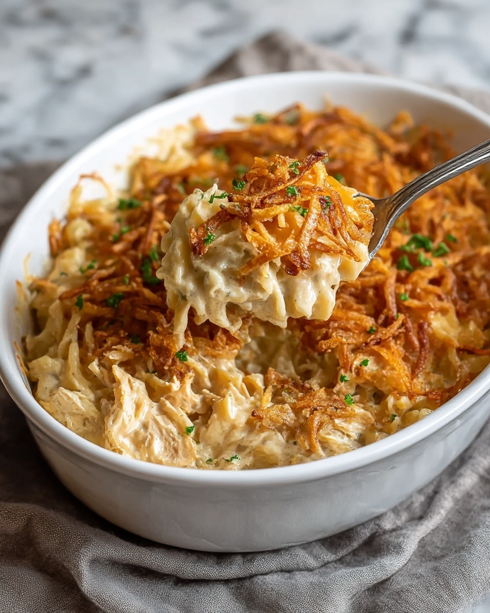 The dish is a creamy, baked casserole in a white oval dish, showing three main visible layers. The bottom layer is a soft, smooth mixture likely of creamy sauce and shredded chicken, pale beige in color. The middle layer shows thick strings of creamy pasta or noodles blended with the sauce, with some shredded chicken pieces visible. The top layer is a generous amount of crispy fried onions, golden brown and crunchy looking, scattered evenly on the surface with some small green herb sprinkles adding contrast. A spoon lifts a scoop from the dish, showing the creamy texture and layered look. The dish rests on a gray cloth over a white marbled surface. Photo taken with an iphone --ar 4:5 --v 7
