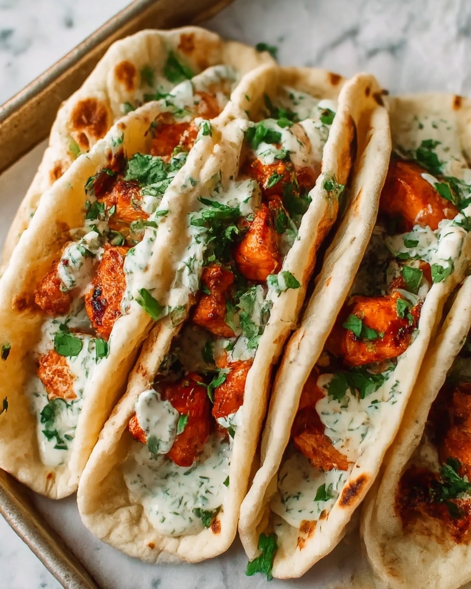 This image shows two soft, slightly toasted flatbreads folded in half and filled with pieces of cooked chicken coated in a reddish-orange sauce. On top of the chicken, there is a creamy white sauce with green herbs mixed in, drizzled generously. Fresh green chopped herbs are sprinkled over the dish, adding a touch of color. The flatbreads rest on a white baking sheet lined with parchment paper, placed on a surface with a white marbled texture. photo taken with an iphone --ar 4:5 --v 7