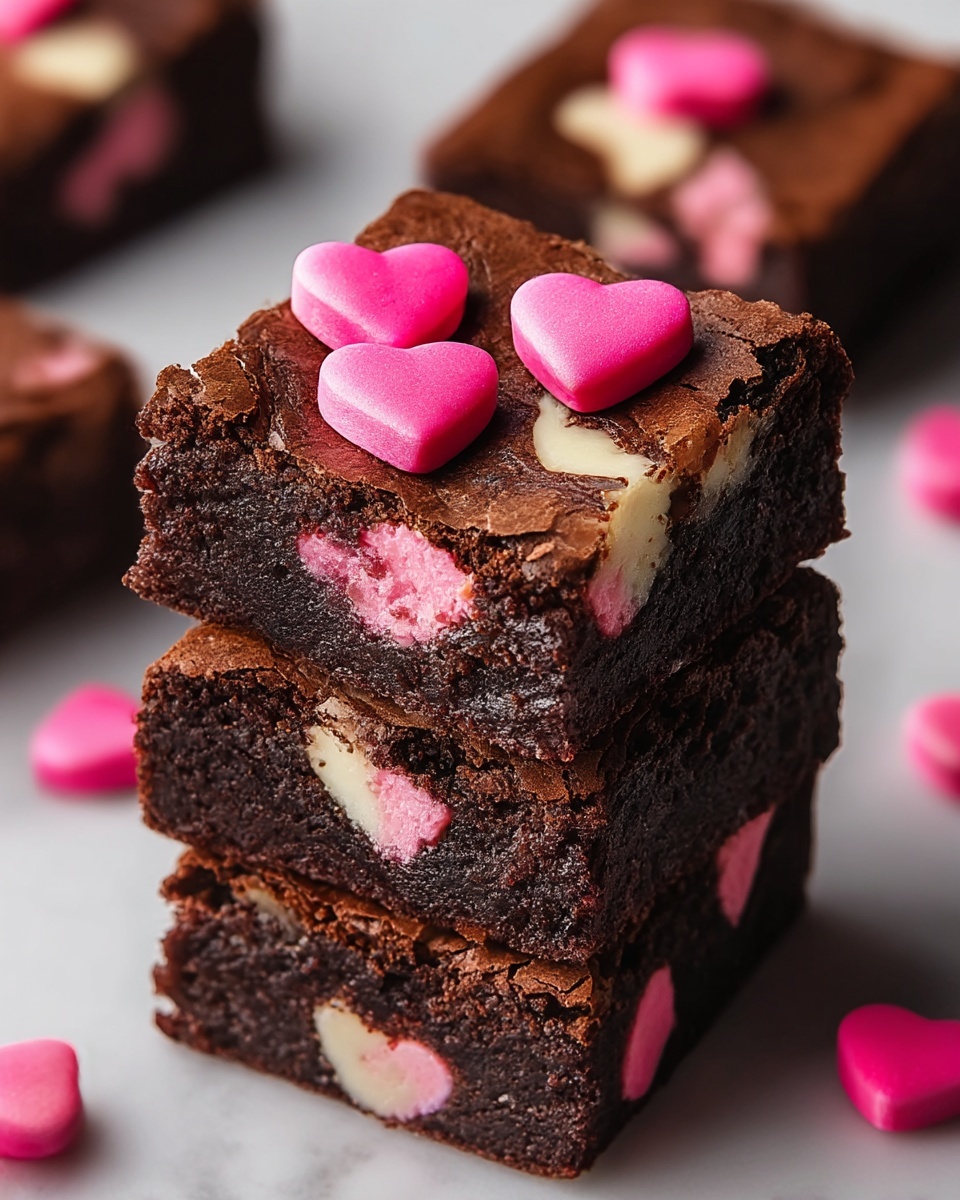The image shows a stack of three thick chocolate brownies with a cracked top layer revealing a moist, dense texture inside. The brownies have swirls of white cream that add a marble-like contrast within the rich dark brown chocolate base. Bright pink heart-shaped decorations rest on top of the brownies and are also visible embedded inside the brownies as small pink spots throughout. The stack is placed on a white marbled surface, and scattered pink heart decorations surround it. photo taken with an iphone --ar 4:5 --v 7