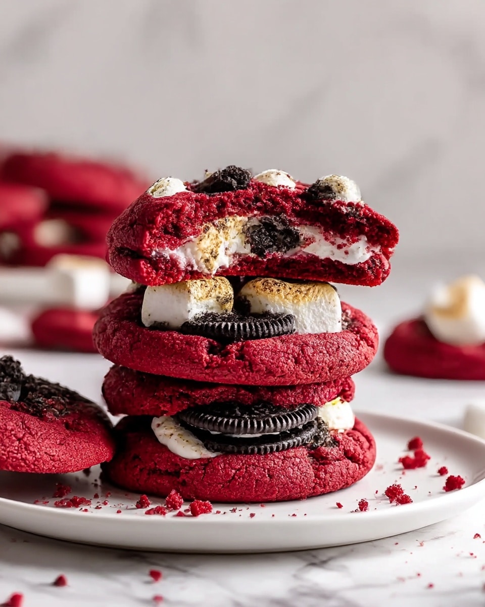 A stack of four thick red velvet cookies sits centered on a white plate with three of the cookies layered with black sandwich cookie pieces and toasted white marshmallows peeking through. The top cookie is broken in half, showing a soft, moist red interior with melted white chocolate and crumbs scattered across the plate and white marbled surface. The cookies have a slightly cracked texture with cookie crumbs visible around the bottom. The background is blurred, showing more red cookies, and the lighting highlights the rich red color and toasted marshmallows on the cookies. photo taken with an iphone --ar 4:5 --v 7