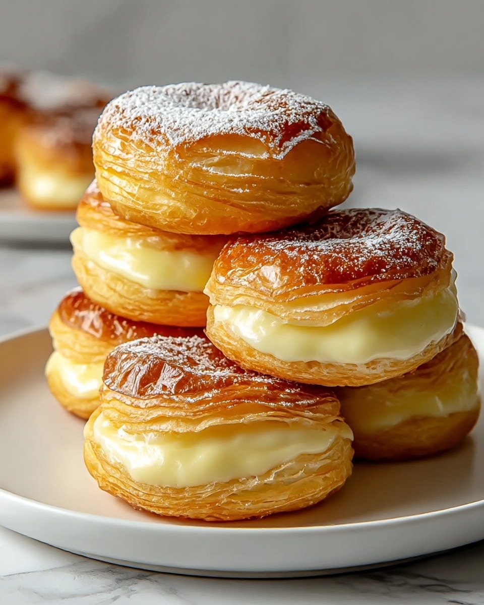 A stack of four cream-filled pastries on a round white plate, each pastry showing multiple golden-brown flaky layers with a glossy, slightly caramelized top sprinkled with powdered sugar. The pastries are filled with smooth, pale yellow cream that is visible between the flaky layers, especially in the pastry cut in half at the front. The plate rests on a white marbled surface with a soft background that includes blurred white cups. photo taken with an iphone --ar 4:5 --v 7
