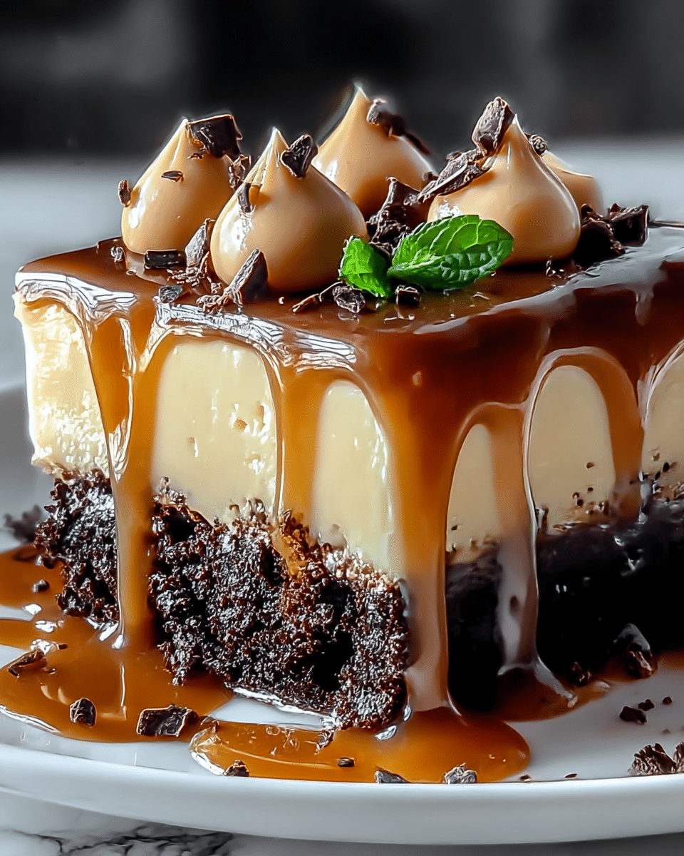 A close-up of a three-layer dessert on a white plate with a white marbled texture background, featuring a thick dark chocolate crumb base at the bottom, a smooth pale beige creamy middle layer, and a glossy caramel sauce dripping over the edges from the top. On top, there are three dollops of caramel-colored cream, sprinkled with small dark chocolate shavings, and a small mint leaf for garnish. The caramel sauce is shiny and shiny, pooling slightly on the plate below the dessert. photo taken with an iphone --ar 4:5 --v 7