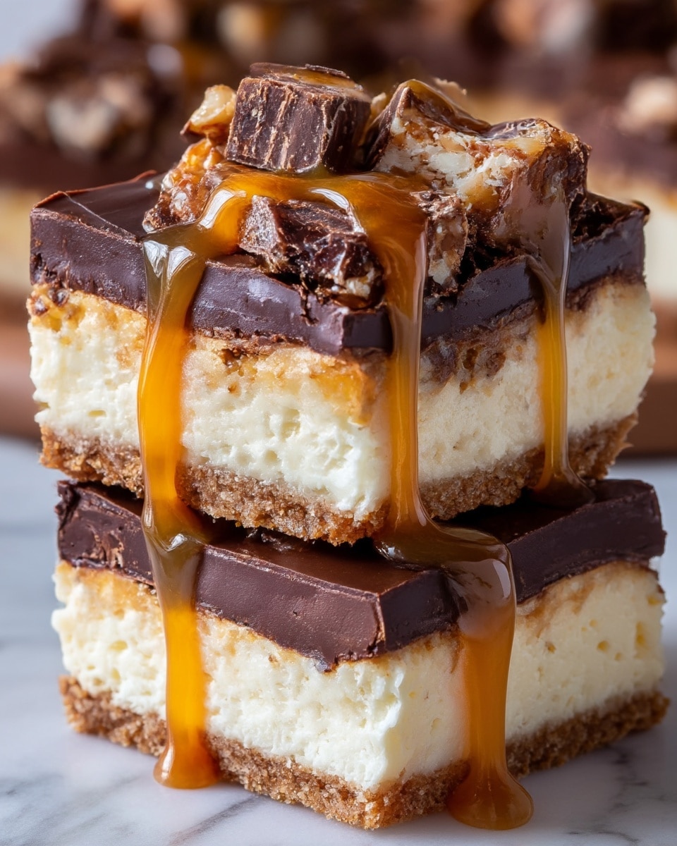 The image shows a close-up of two stacked dessert bars on a white marbled surface with a wooden board beneath. Each bar has four visible layers: a bottom light brown crumbly crust, a thick middle layer of creamy white cheesecake, a gooey caramel layer dripping down the sides, and a top layer of dark glossy chocolate with pieces of crunchy peanut brittle embedded. The caramel is shiny and golden, with some flowing over the edges, creating a sticky texture that contrasts with the smooth and creamy cheesecake inside. Photo taken with an iphone --ar 4:5 --v 7