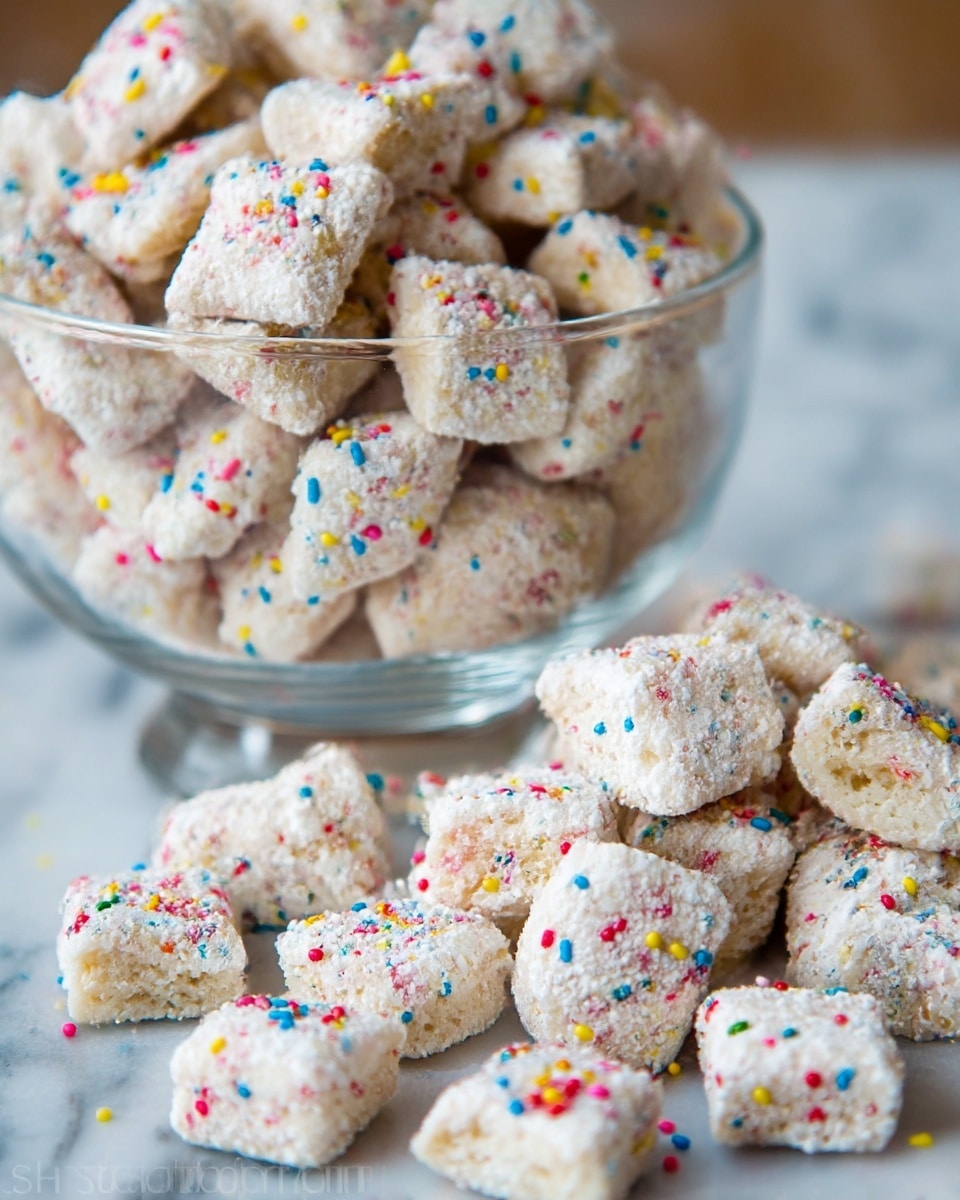 The image shows a close-up of many small square-shaped treats covered in a white powdery coating with colorful tiny round sprinkles scattered all over them. The treats appear to have a soft, crumbly texture and are piled high inside a clear glass bowl. More of these treats are spread out in front of the bowl on a white marbled surface, looking slightly irregular in shape with the sprinkles standing out in red, yellow, blue, green, and pink tones. The photo captures the texture and detail of the treats clearly, focusing on the mixture of the white coating and bright sprinkles. Photo taken with an iphone --ar 4:5 --v 7