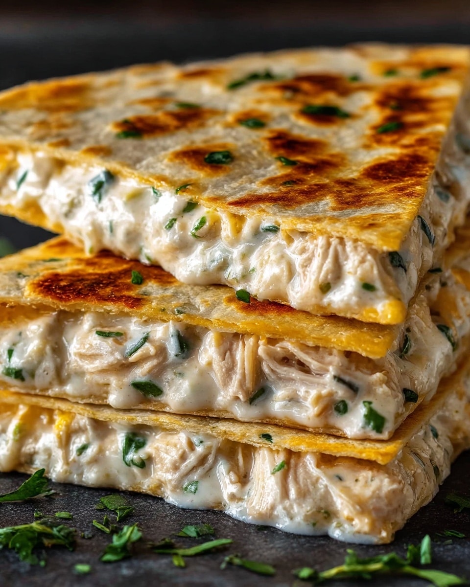The image shows a close-up of four stacked quesadilla slices with golden brown, crispy tortillas. Between each tortilla layer, there is a thick, creamy mixture with white melted cheese, shredded chicken, and small green herb pieces, giving a rich and textured look. The top tortilla displays a slightly toasted surface with brown spots and scattered green herbs. The filling oozes slightly out of the edges, showing the softness of the cheese and chicken mix. The dish is set on a dark surface with a few sprigs of herbs scattered around. photo taken with an iphone --ar 4:5 --v 7