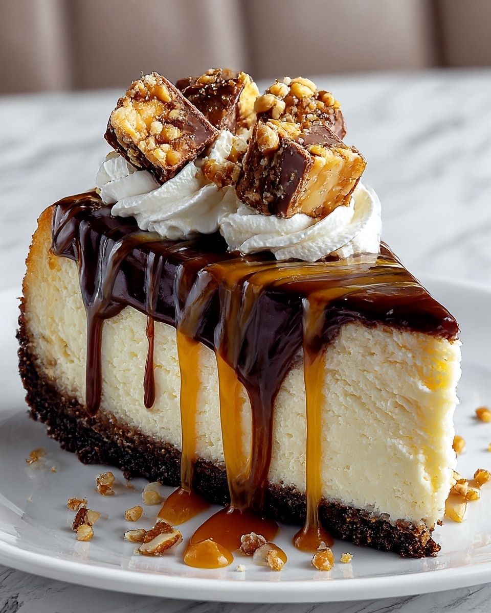 A thick slice of creamy white cheesecake with a dark brown crumbly crust at the bottom sits on a white plate. On top, there is a smooth layer of thick dark chocolate sauce with glossy texture, intertwined with golden caramel sauce that drips down the sides in rich streams. Dollops of white whipped cream are placed near the center, holding chunks of nut-studded chocolate pieces with caramel and crumbly toffee bits sprinkled around. The background is a soft white marbled texture. Photo taken with an iphone --ar 4:5 --v 7