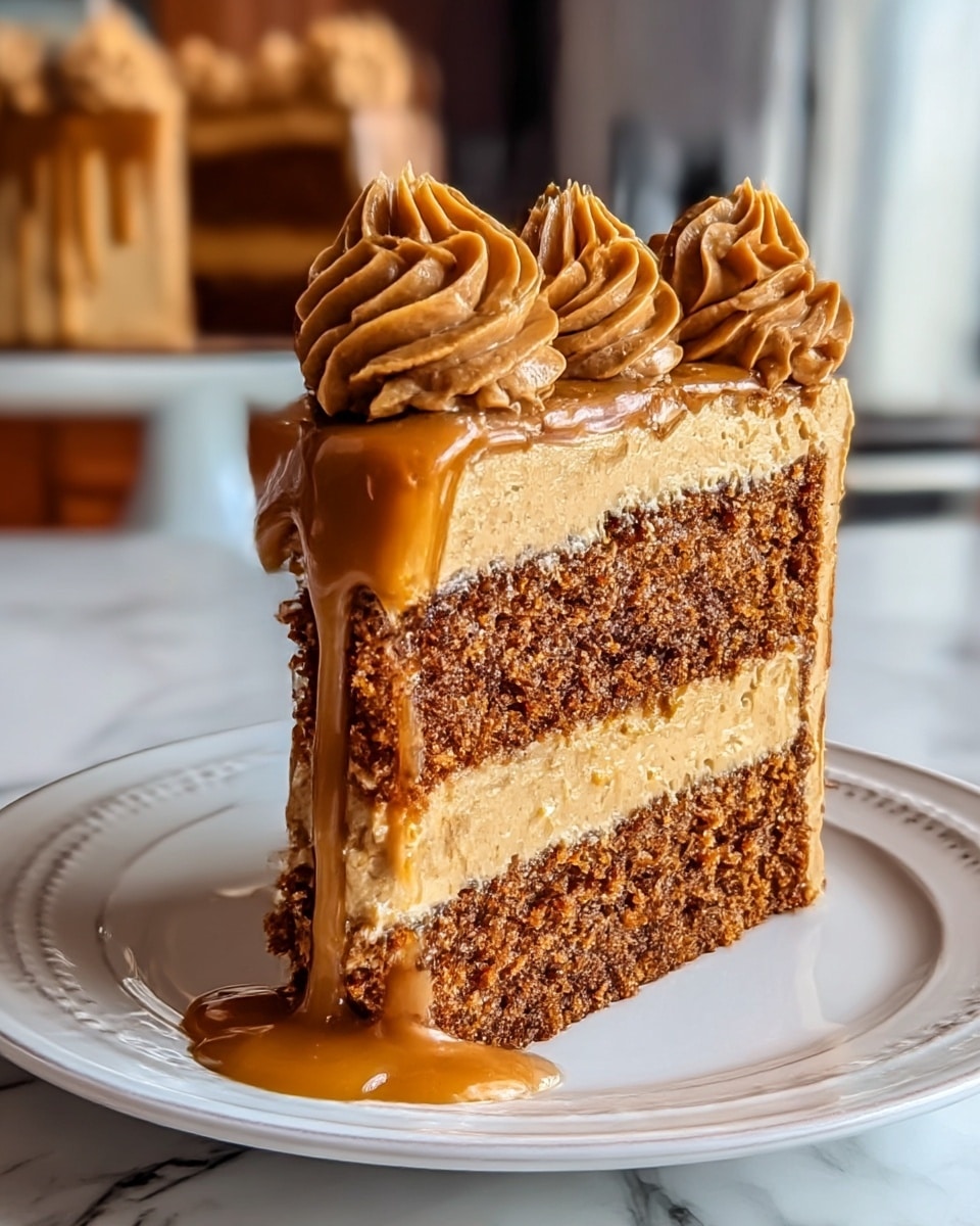 A slice of rich three-layer caramel cake sits on a white plate with a subtle decorative edge. The cake has three thick layers of moist brown cake, separated by two creamy caramel tan frosting layers. A smooth, thick caramel glaze drips from the top, pooling generously on the plate. The top of the cake is decorated with swirls of darker caramel frosting. The cake is set against a blurred kitchen background and sits on a white marbled texture. Photo taken with an iphone --ar 4:5 --v 7