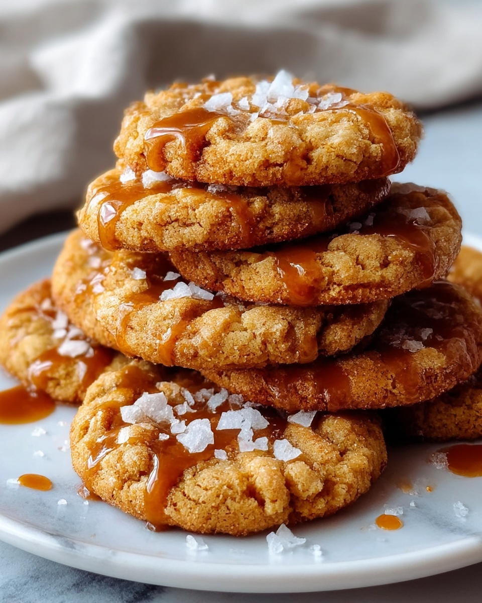 A close-up of a stack of seven golden-brown cookies arranged on a white plate, each cookie showing a rough, crinkly texture with a slightly cracked surface. The cookies are drizzled with shiny caramel sauce that pools slightly over the tops and is scattered with large, flaky white sea salt crystals that contrast with the warm colors of the cookies. The plate sits on a white marbled surface, and a soft fabric is partially visible in the background. photo taken with an iphone --ar 4:5 --v 7