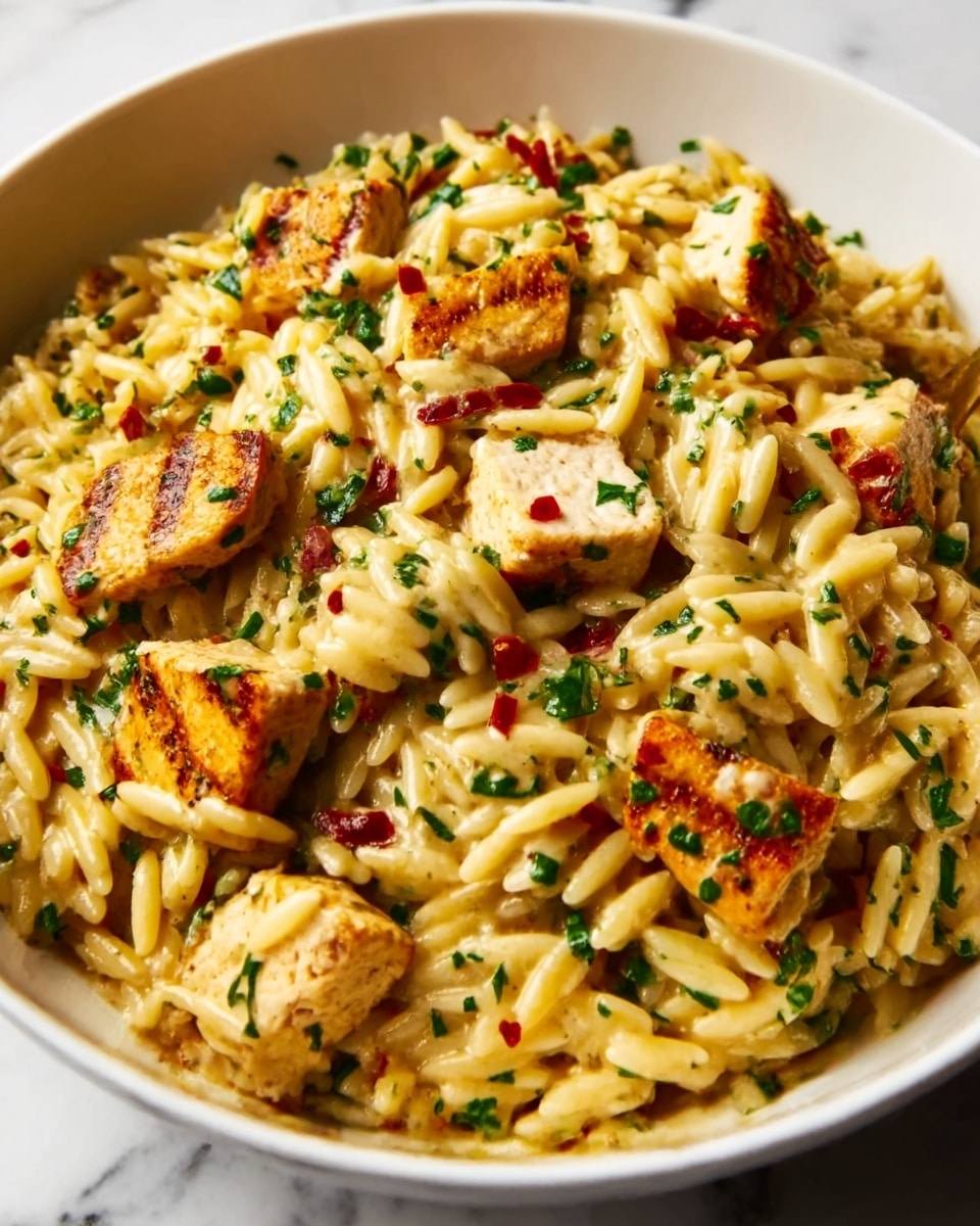 A white bowl filled with creamy orzo pasta mixed with golden brown grilled chicken cubes. The orzo looks soft and coated in a light yellow sauce with visible small red chili flakes and finely chopped green herbs sprinkled on top. The chicken pieces have clear grill marks and are scattered evenly through the dish. The background shows a white marbled texture. Photo taken with an iphone --ar 4:5 --v 7