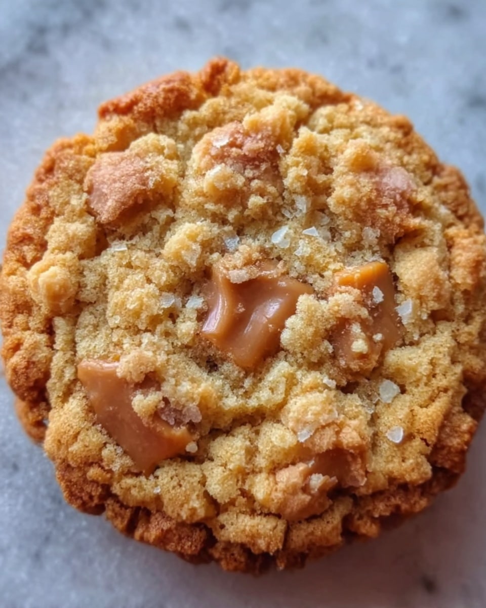 A close-up view of a round cookie with a rough, crumbly top surface showing a golden brown color. The cookie has visible soft caramel or toffee pieces embedded in the middle, which are shiny and light brown. The edges are slightly darker and crisp, with a textured and uneven look. The background is a white marbled surface. photo taken with an iphone --ar 4:5 --v 7