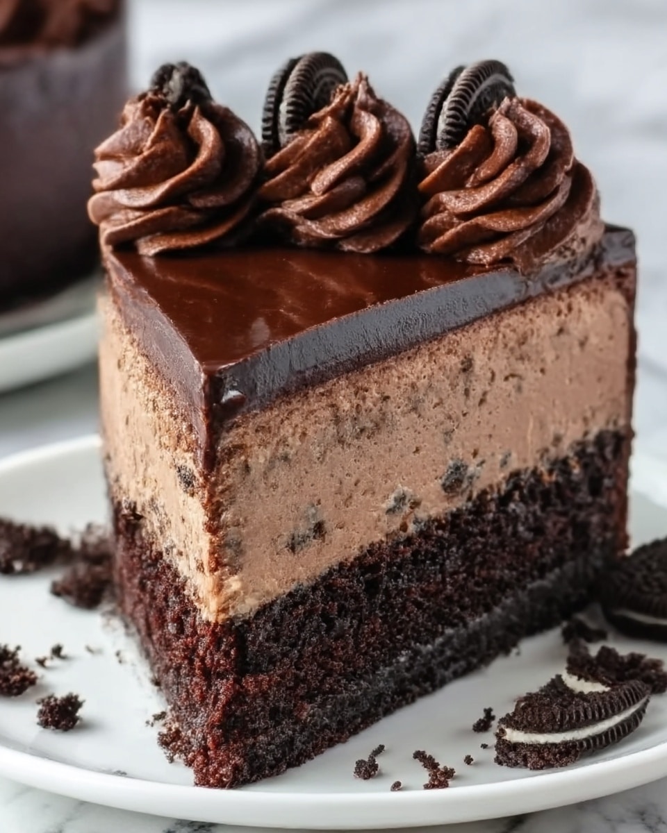 A close-up slice of a three-layer chocolate cake on a white plate, placed on a white marbled surface. The bottom layer is a dark, dense chocolate base, topped with a middle layer of smooth milk chocolate mousse mixed with small pieces of chocolate cookie crumbs. The top layer is a shiny dark chocolate ganache with five thick swirls of rich chocolate frosting evenly spaced on top. Crushed chocolate cookies are sprinkled around the base and a few whole cookie pieces are on the ganache. The cake edges are clean and the textures show clear separation between the layers. Photo taken with an iphone --ar 4:5 --v 7