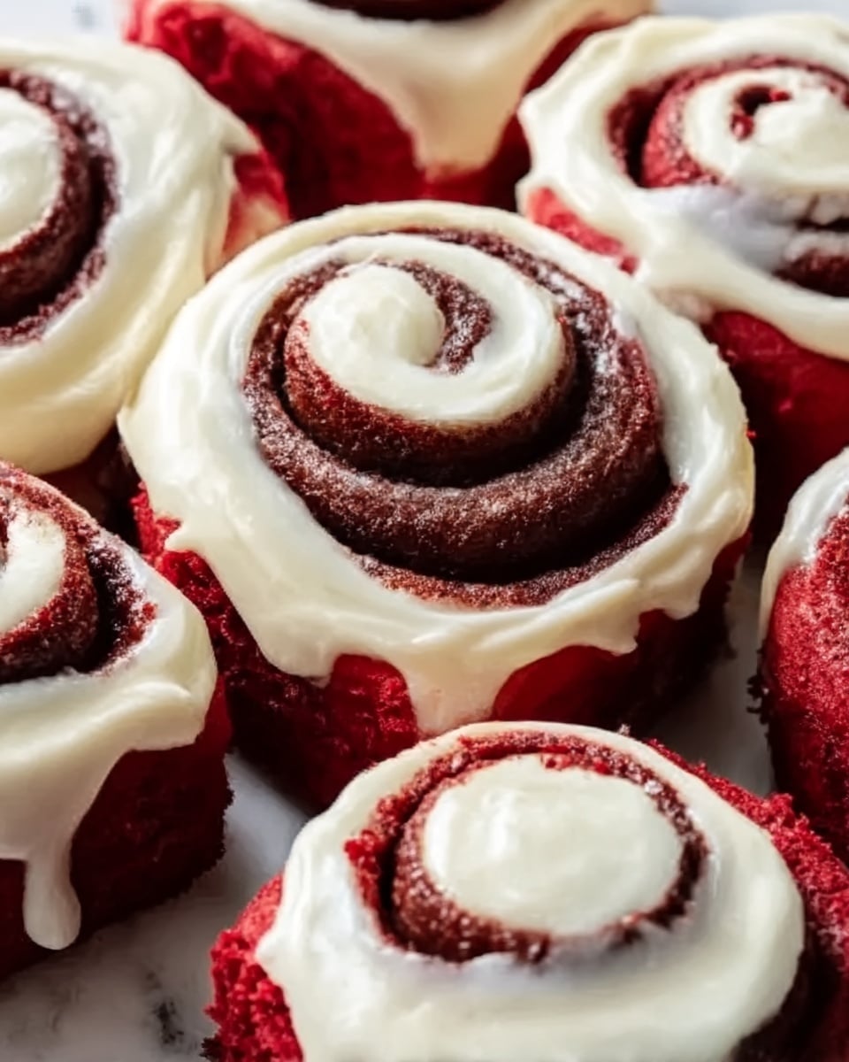 The image shows a close-up of several red velvet cinnamon rolls arranged closely together, each roll with three visible layers: a deep red dough base, a medium brown cinnamon swirl inside, and a smooth white cream cheese icing generously spread on top and dripping slightly down the sides. The icing contrasts sharply against the rich red and brown colors, giving the rolls a soft, moist look. The background is a white marbled texture, enhancing the vibrant colors of the cinnamon rolls. Photo taken with an iphone --ar 4:5 --v 7