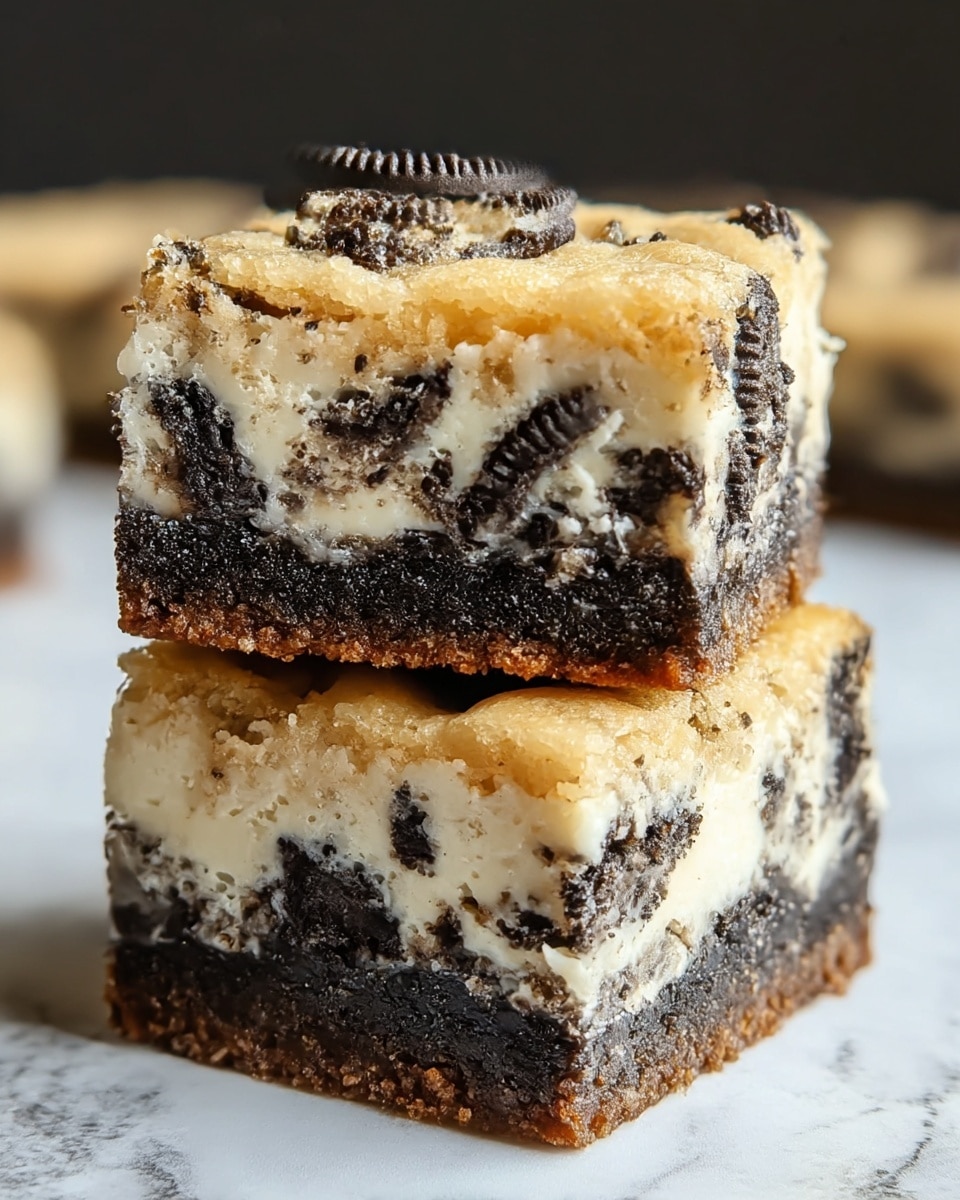 The image shows two square layered bars stacked on top of each other set against a white marbled texture. Each bar has three distinct layers: the bottom layer is a dark, dense crust with a slightly crumbly texture; the middle layer is creamy and white with chunks of dark cookie pieces embedded throughout; the top layer is a light golden brown with a soft crumbly surface and some mini dark cookies pressed into it. The bars appear moist but firm, with a rich contrast between the dark and light layers. Photo taken with an iphone --ar 4:5 --v 7