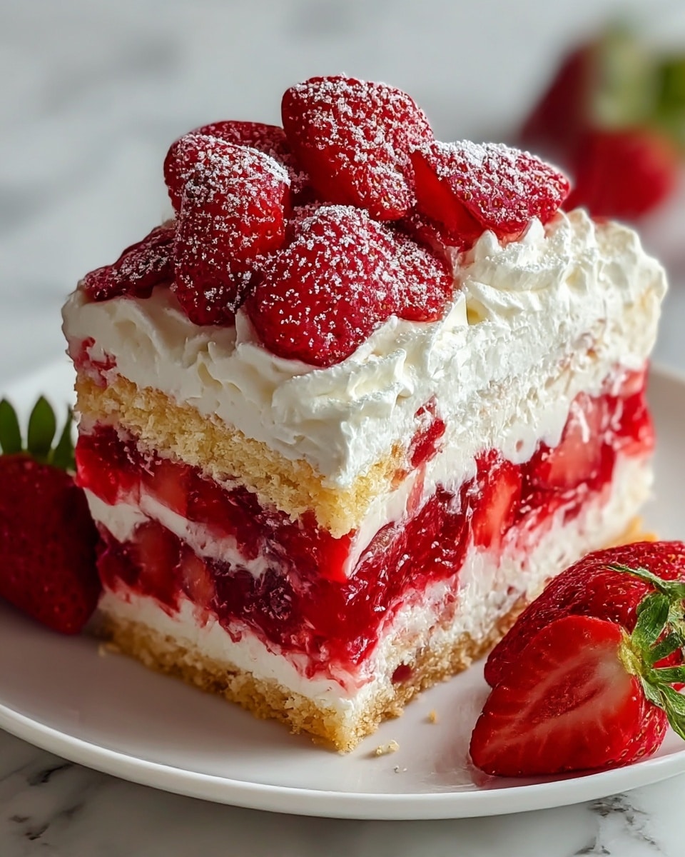 A slice of layered strawberry dessert on a white plate features four visible layers: a crumbly golden-brown base, followed by a bright red strawberry jelly layer mixed with strawberry pieces, a thick white creamy layer, and then another red strawberry jelly layer with chunks of fruit; the top layer is a thick white whipped cream adorned with whole and sliced fresh strawberries, some dusted lightly with powdered sugar; additional whole strawberries sit on the plate beside the slice, all placed on a white marbled texture. photo taken with an iphone --ar 4:5 --v 7