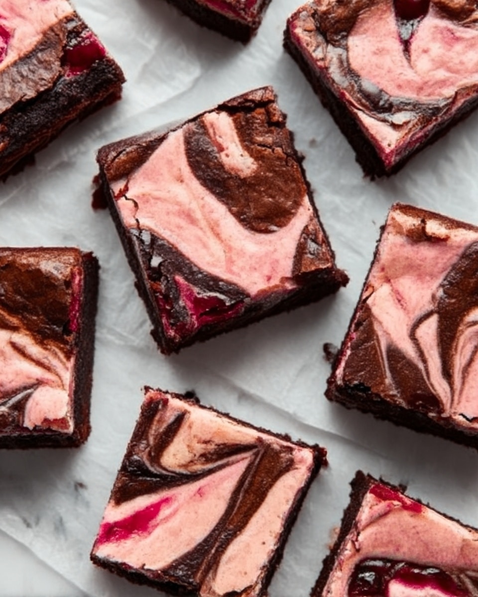 The image shows several square brownie pieces laid out on white parchment paper placed over a white marbled surface. Each brownie has two distinct layers swirled together: a dark brown chocolate layer with a slightly rough texture and a light pink creamy layer with smooth swirls, creating a marbled effect on each piece. The brownies have clean, sharp edges and a moist appearance, with some pieces showing small cracks on the surface. photo taken with an iphone --ar 4:5 --v 7