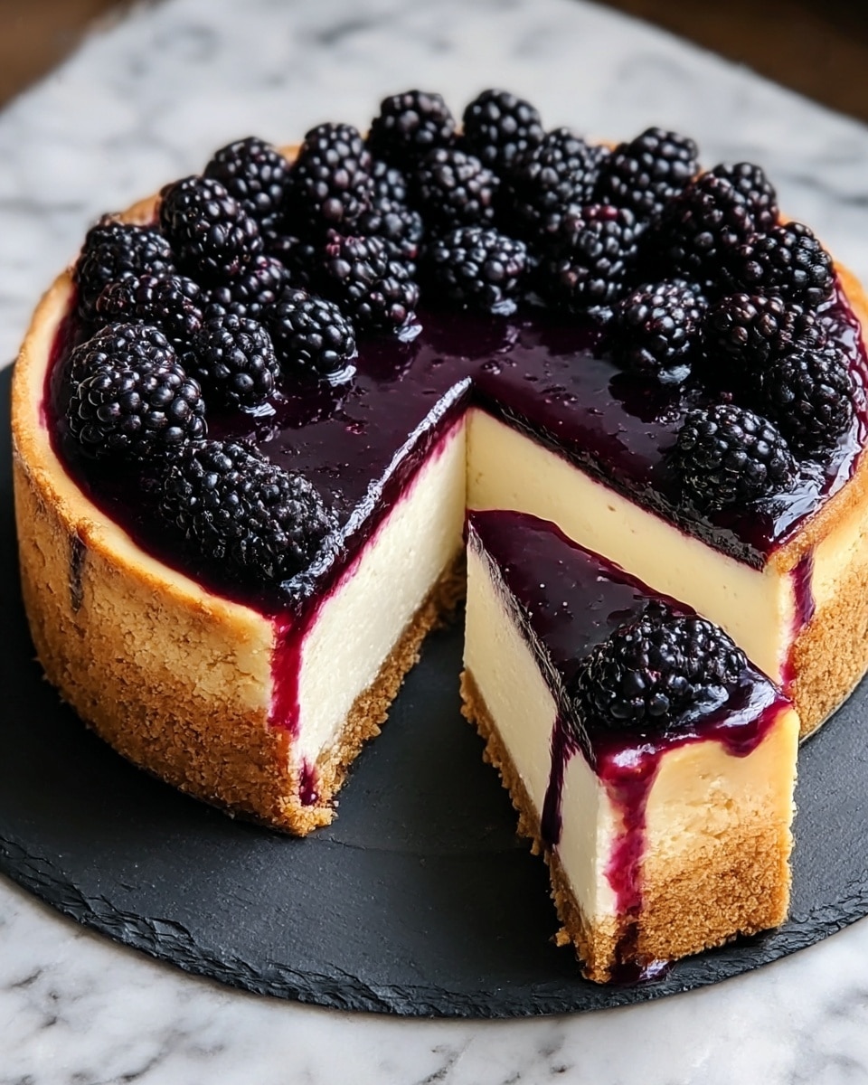 A round cheesecake with three visible layers: the bottom layer is a thick, crumbly golden brown crust, the middle layer is smooth and creamy white cheesecake, and the top layer is a glossy dark purple blackberry sauce that slightly drips down the sides. The surface is decorated with many fresh blackberries evenly spread out. A slice is removed showing all layers clearly. The cheesecake sits on a dark slate plate placed on a white marbled surface. photo taken with an iphone --ar 4:5 --v 7
