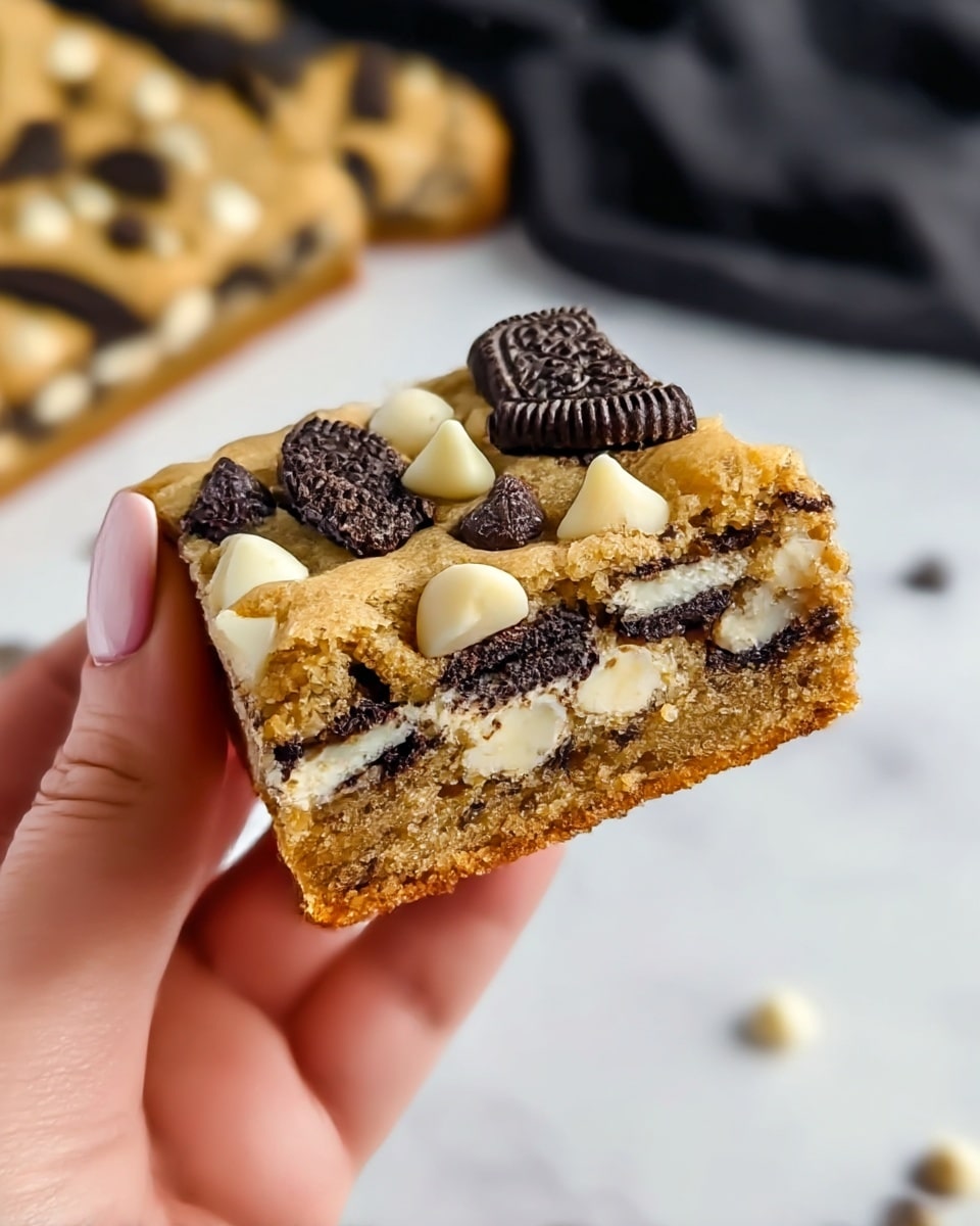 A close-up of a square cookie bar held by a woman's hand, showing three visible layers: a golden-brown cookie base with a soft texture, embedded with white chocolate chips and chunks of dark chocolate sandwich cookies, a middle layer with a cream filling from the sandwich cookies, and a top layer scattered with larger broken pieces of the dark chocolate sandwich cookies and whole white chocolate chips, all set against a white marbled texture background with a blurred second cookie bar and black cloth in the background. photo taken with an iphone --ar 4:5 --v 7