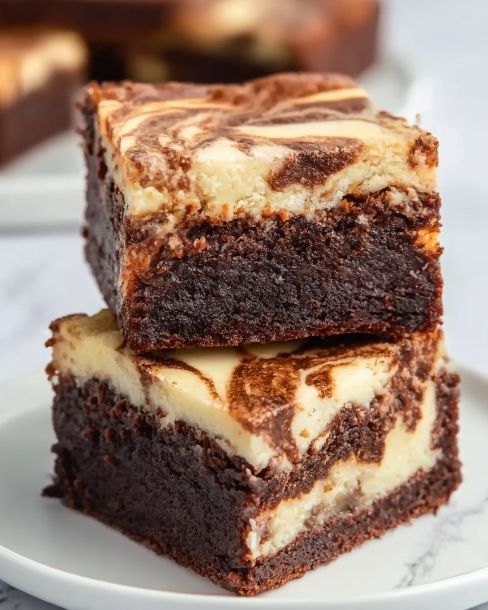 The image shows two square pieces of cheesecake brownies stacked on a white plate with a white marbled background. Each piece has two clear layers: the bottom layer is a thick, dark brown chocolate brownie with a moist and dense texture, while the top layer is a creamy cheesecake with a smooth, light cream color that swirls into the brownie layer with a marbled pattern of dark brown and cream. The edges of the brownies are slightly crisp, and the top cheesecake layer has a soft, slightly cracked surface. Photo taken with an iphone --ar 4:5 --v 7