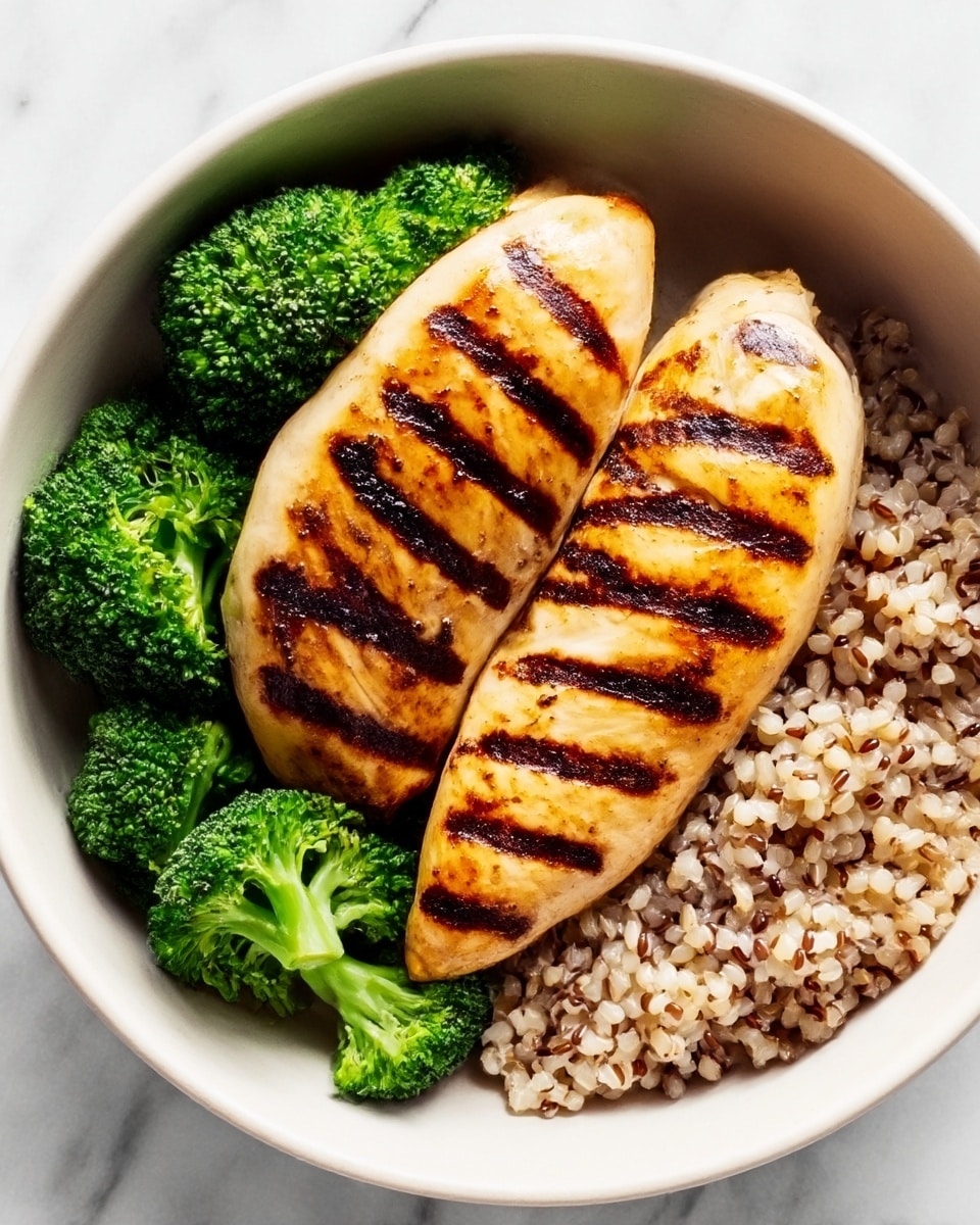 A white bowl holds two grilled chicken breasts with dark brown grill marks placed side by side on the left. To the right of the chicken are bright green broccoli florets, and next to them is a serving of cooked mixed grains with a light beige and brown color and a soft, fluffy texture. The bowl is set on a white marbled surface. photo taken with an iphone --ar 4:5 --v 7