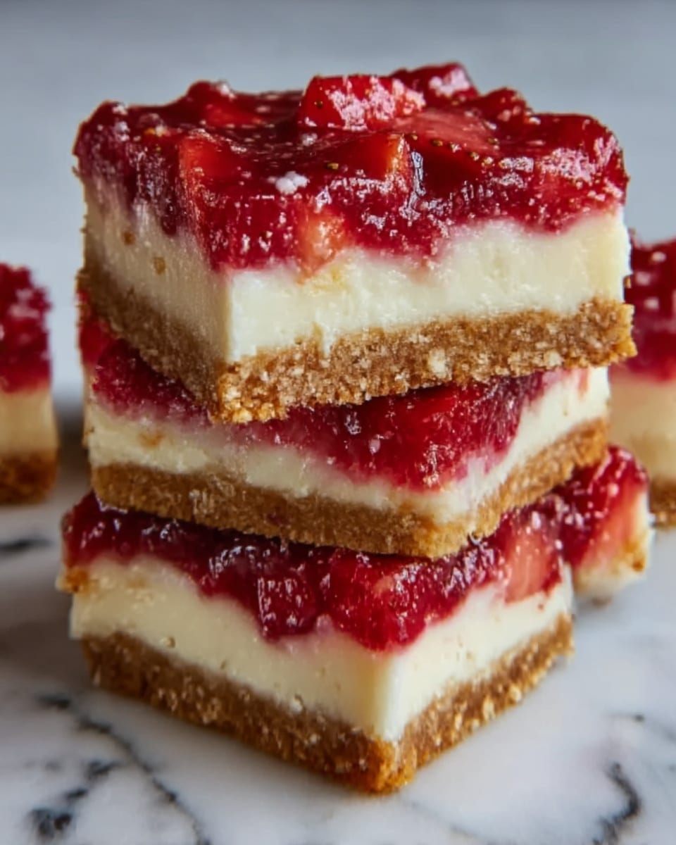 The image shows a close-up of three stacked dessert bars on a white marbled surface. Each bar has three layers: the bottom layer is a crumbly, light brown crust, the middle layer is smooth and creamy white, and the top layer is a glossy red fruit topping with visible chunks of strawberries and a shiny, syrupy texture. The bars are cut square and stacked unevenly, showing the layers clearly from the side. photo taken with an iphone --ar 4:5 --v 7