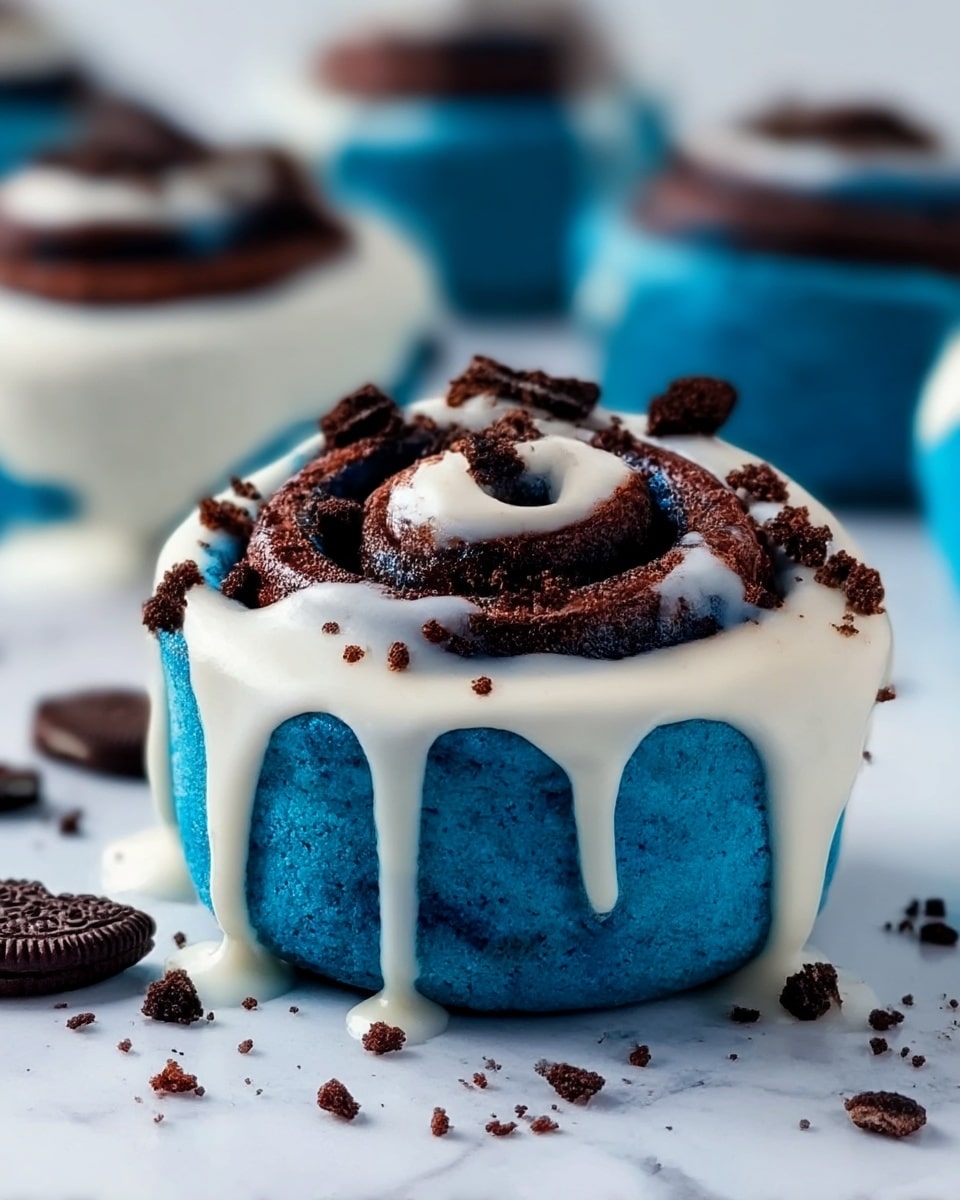 A single cinnamon roll with vibrant blue dough forms the base layer, sitting on a white marbled surface. The roll is spiraled with a dark chocolate swirl inside, showing a rich contrast between the blue dough and the chocolate. On top of the roll is a thick layer of white icing that drips down its sides, adding a creamy texture. Small dark brown cookie crumbs are sprinkled over the icing and the roll, with some pieces scattered around it on the surface. In the background, there are more similar cinnamon rolls blurred out, also on the white marbled surface, creating depth in the image. Photo taken with an iphone --ar 4:5 --v 7