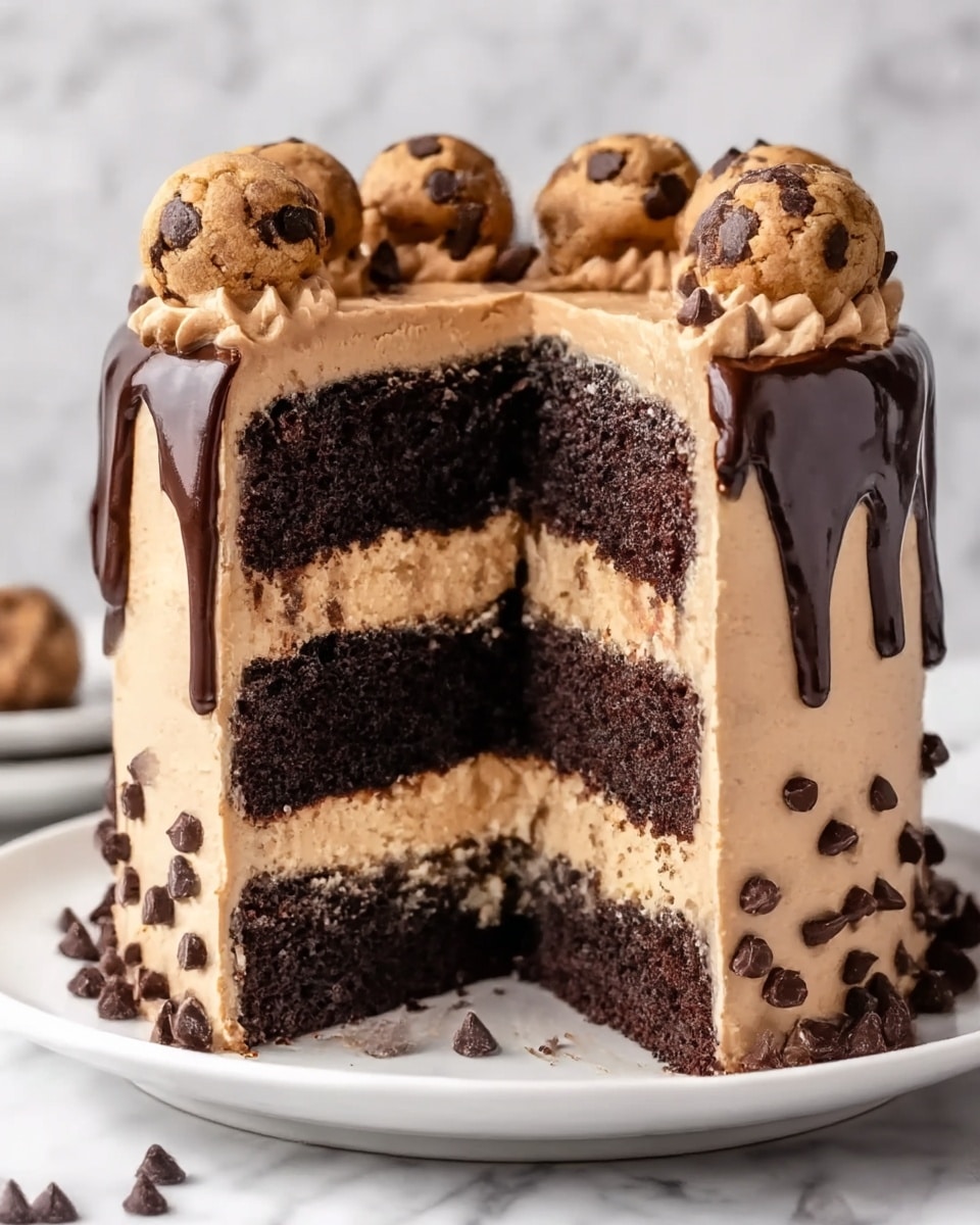 The image shows a three-layer chocolate cake with two thick layers of light brown chocolate chip filling between the dark, moist cake layers. The outside is covered in smooth light brown frosting with small chocolate chips pressed into the bottom half. On top, a shiny dark chocolate drip runs down the sides, and round chocolate chip cookie dough balls decorate the top. The cake sits on a white plate against a white marbled surface. Photo taken with an iphone --ar 4:5 --v 7