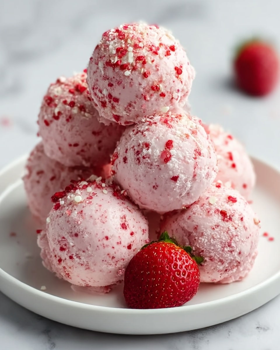 A white round plate filled with six pink ice cream scoops stacked closely together, each scoop covered with small red and white crushed bits giving a textured look, with a fresh red strawberry placed at the base of the scoops on the white marbled surface, soft natural lighting highlights the smooth yet speckled texture of the ice cream, photo taken with an iphone --ar 4:5 --v 7