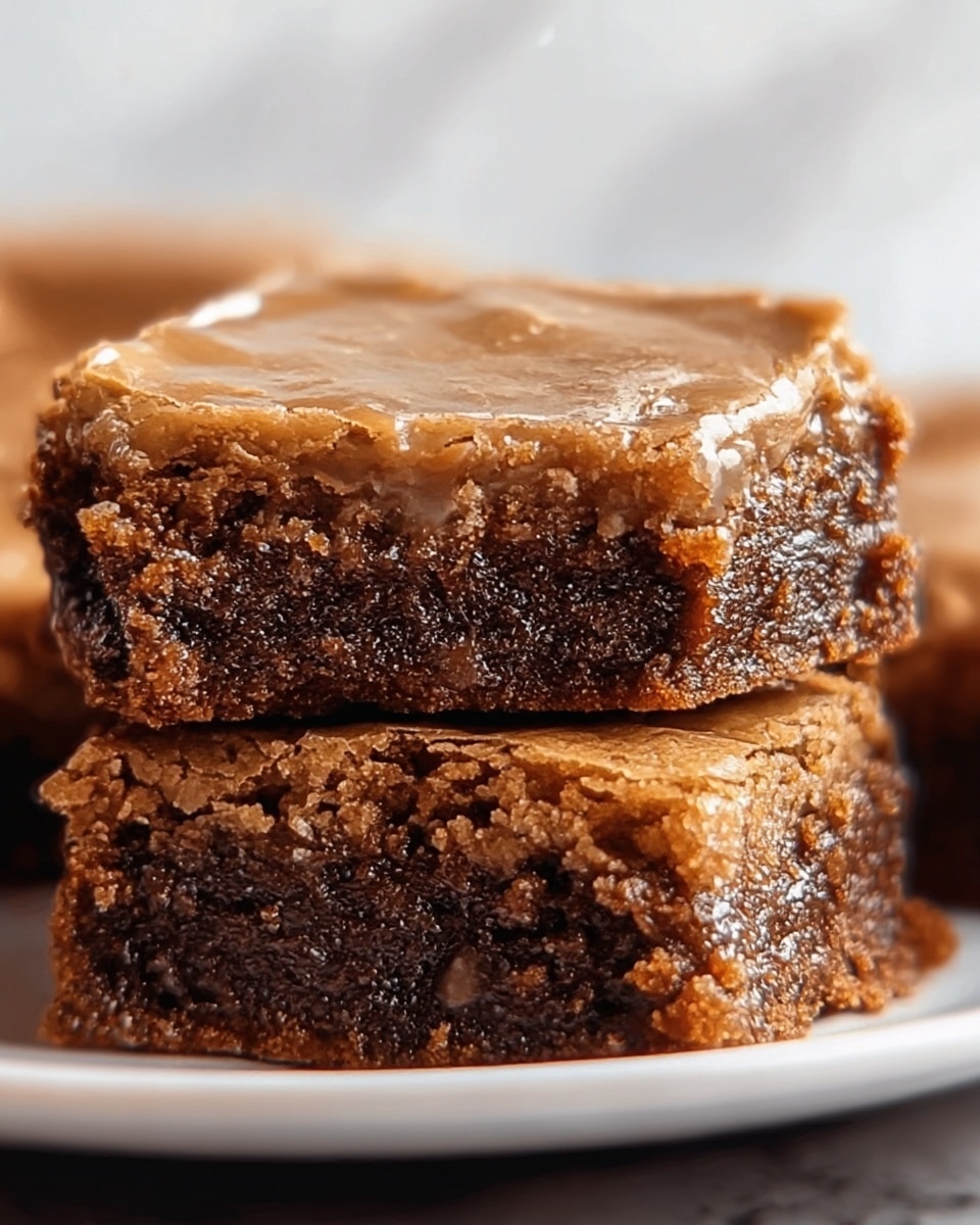 A close-up view of two stacked brownies on a white plate, showing three layers in each brownie: a light brown, glossy top layer with a slightly cracked texture; a middle layer of dense, rich chocolate brown that looks moist and fudgy; and a bottom layer similar in color and texture to the middle but slightly more crumbly. The edges appear crunchy and the overall look is soft and chewy. The background is a white marbled texture with soft lighting highlighting the details. photo taken with an iphone --ar 4:5 --v 7