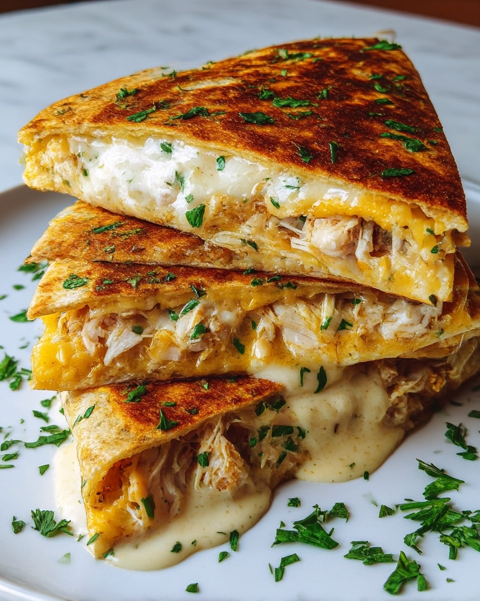 The image shows three stacked quesadilla slices with a crispy golden-brown outer layer, each slice filled with gooey melted cheese and tender chicken pieces mixed with herbs. A creamy white sauce drips down the sides and pools slightly on the white plate beneath. Bright green chopped parsley is sprinkled both over the quesadilla and plate, adding vibrant color contrast. The quesadilla layers show the crispy texture outside, with soft, cheesy, and moist chicken inside, creating a rich and inviting look. Photo taken with an iphone --ar 4:5 --v 7