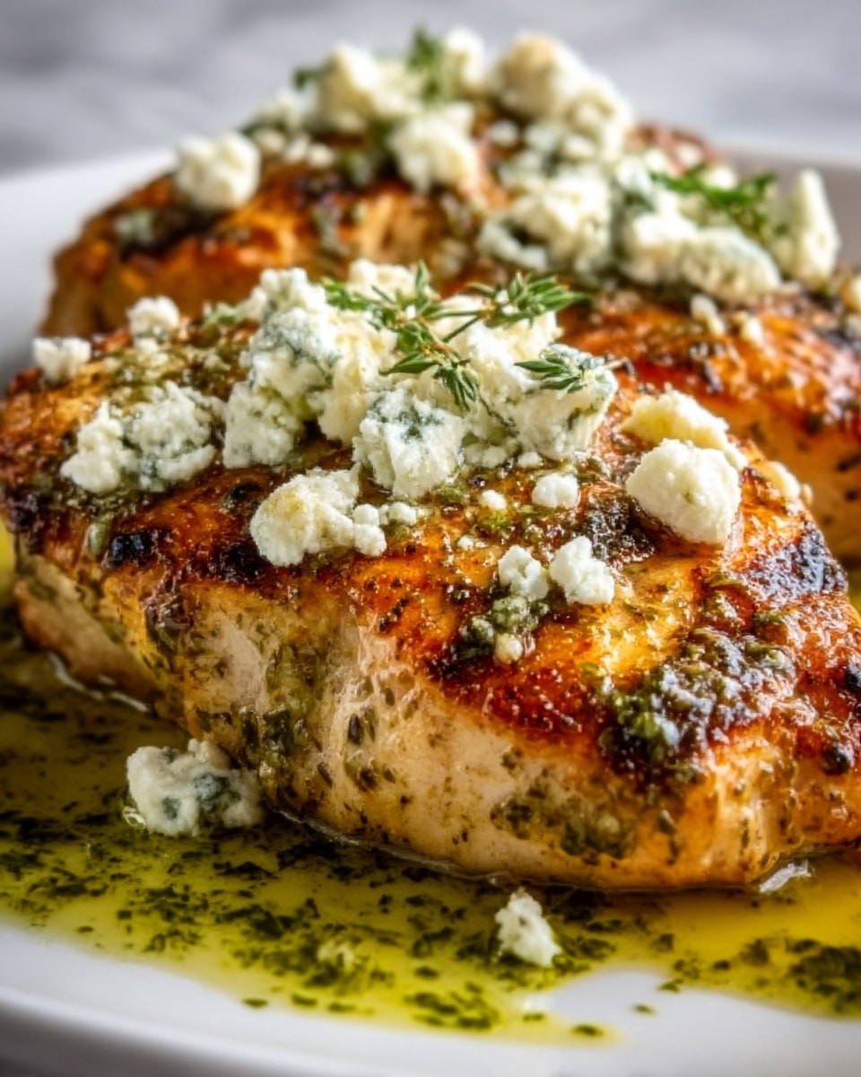 The image shows a close-up of grilled chicken breast sliced into thick pieces, placed on a white plate. The chicken has a golden-brown and slightly charred skin with visible black pepper and seasoning on top. On the chicken, there are dollops of creamy white cheese crumbles mixed with green herbs, adding texture and color. The plate also has a light drizzle of green herb oil or sauce around the chicken, creating a shiny and appetizing look. The background is a white marbled surface. photo taken with an iphone --ar 4:5 --v 7