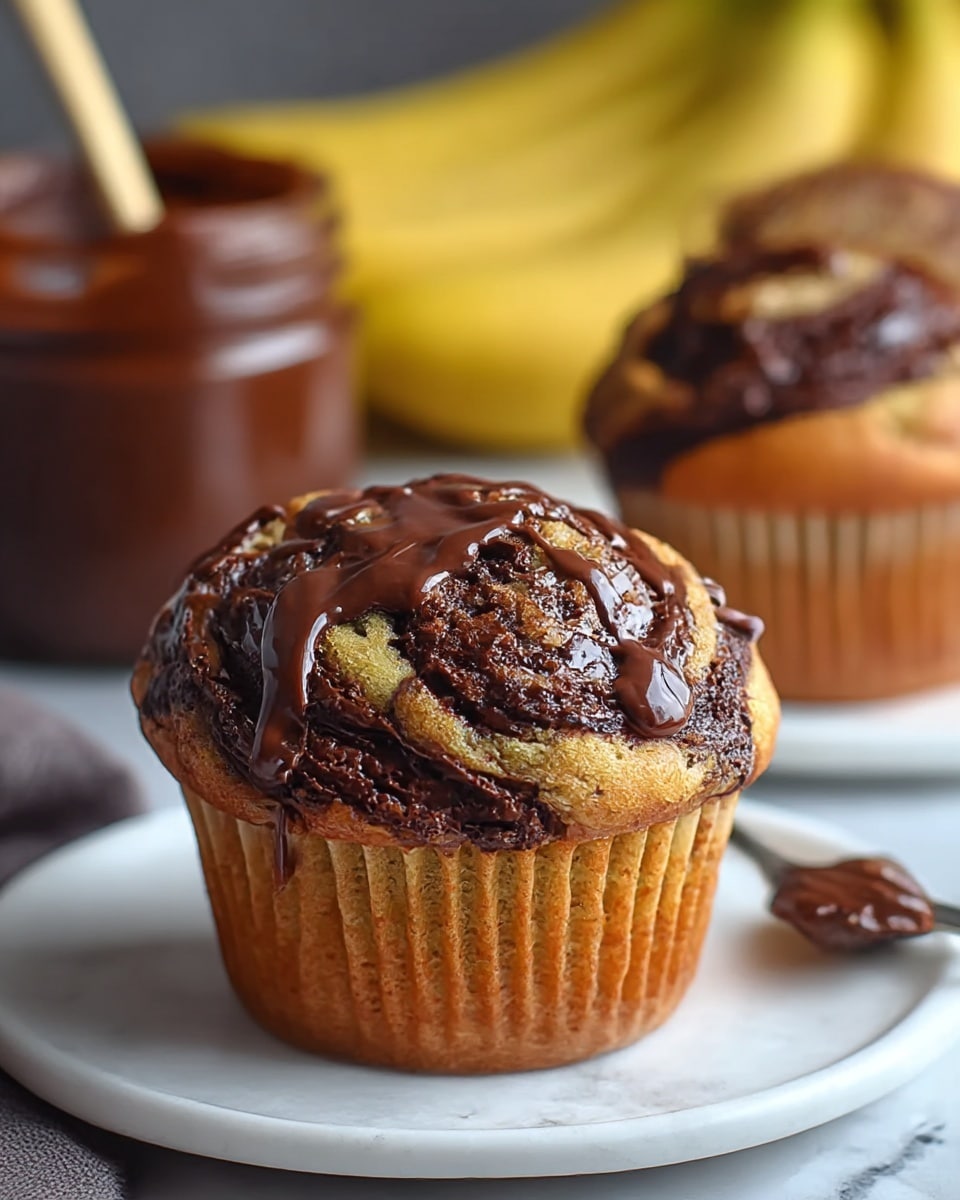 The image shows a close-up of a chocolate swirl muffin resting on a white plate with a white marbled textured surface underneath. The muffin has a golden brown base with dark chocolate swirls mixed throughout the top layer, creating a thick, rich pattern. The swirls look glossy and smooth, with some melted chocolate drizzled over the top. In the background, another similar muffin is slightly out of focus, and there is a jar filled with chocolate spread with a spoon inside. There is also a bunch of bananas blurred in the background. The scene has soft natural light highlighting the texture of the muffin and the glossy chocolate. photo taken with an iphone --ar 4:5 --v 7