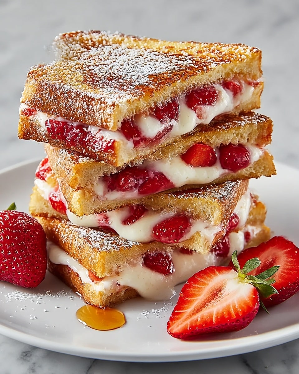 A stack of three layers of toasted golden brown bread with a slightly crispy texture on the outside reveals a creamy white melted center filled with bright red sliced strawberries. The layers are thick, with juicy strawberry bits and smooth melted cream slightly oozing out from between each slice. The toast stack is dusted with fine powdered sugar, adding a light white contrast on top. Fresh sliced strawberries and a whole strawberry are placed beside the stack on a white plate, which sits on a white marbled surface. A small drizzle of syrup is on the plate near the bottom of the toast stack. Photo taken with an iphone --ar 4:5 --v 7
