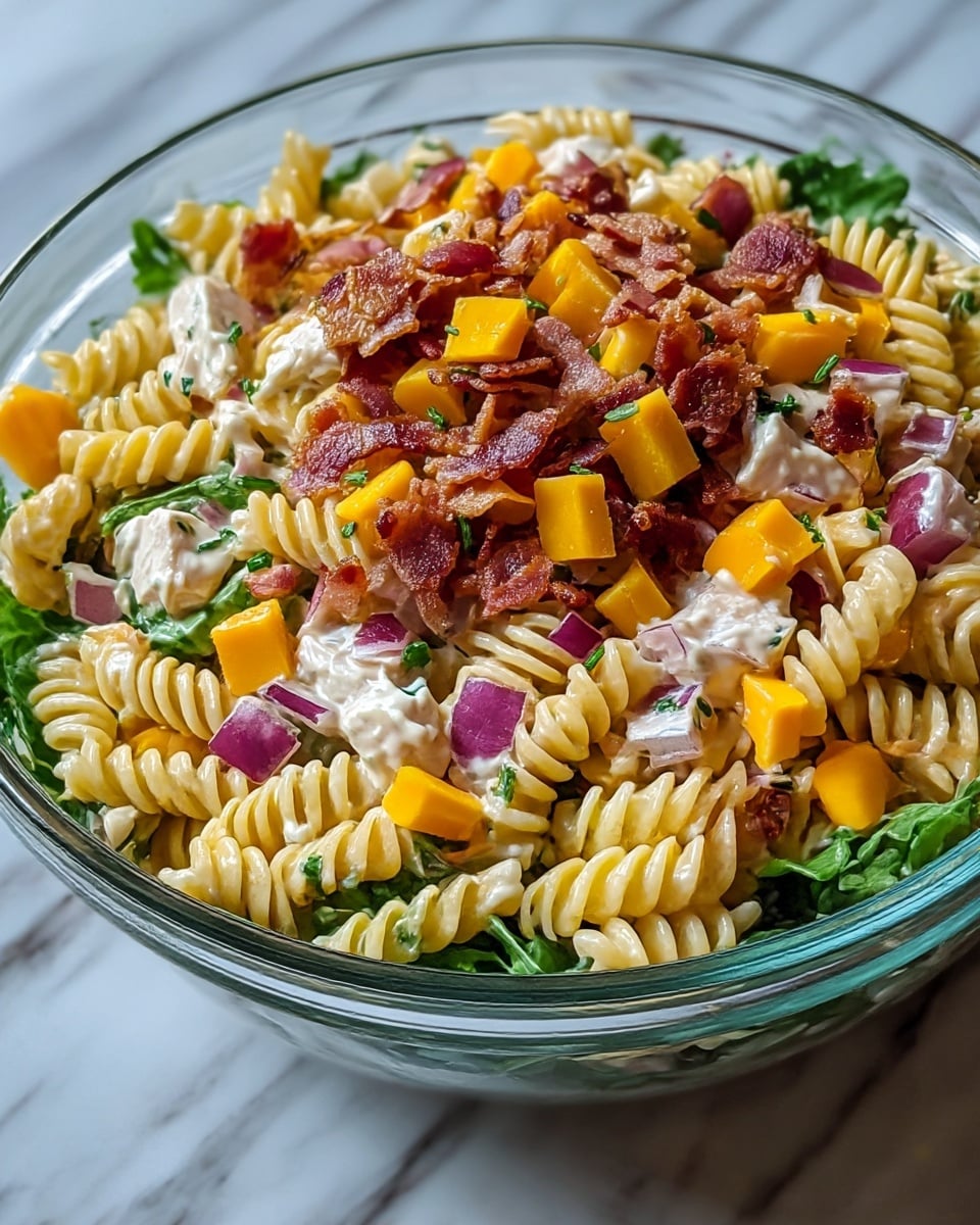 A clear glass bowl filled with a layered pasta salad on a white marbled texture, starting with a base of green lettuce leaves at the bottom. On top of the lettuce, there are thick yellow rotini pasta pieces mixed with small white chicken chunks. Scattered throughout the salad are diced bright orange cheddar cheese cubes and reddish-purple onion pieces. Crispy brown bacon bits are spread evenly across the top, adding texture and color contrast. Small green herb flecks are sprinkled throughout the salad, giving it a fresh look. The whole dish has a creamy and slightly glossy texture with a fresh and colorful presentation. photo taken with an iphone --ar 4:5 --v 7