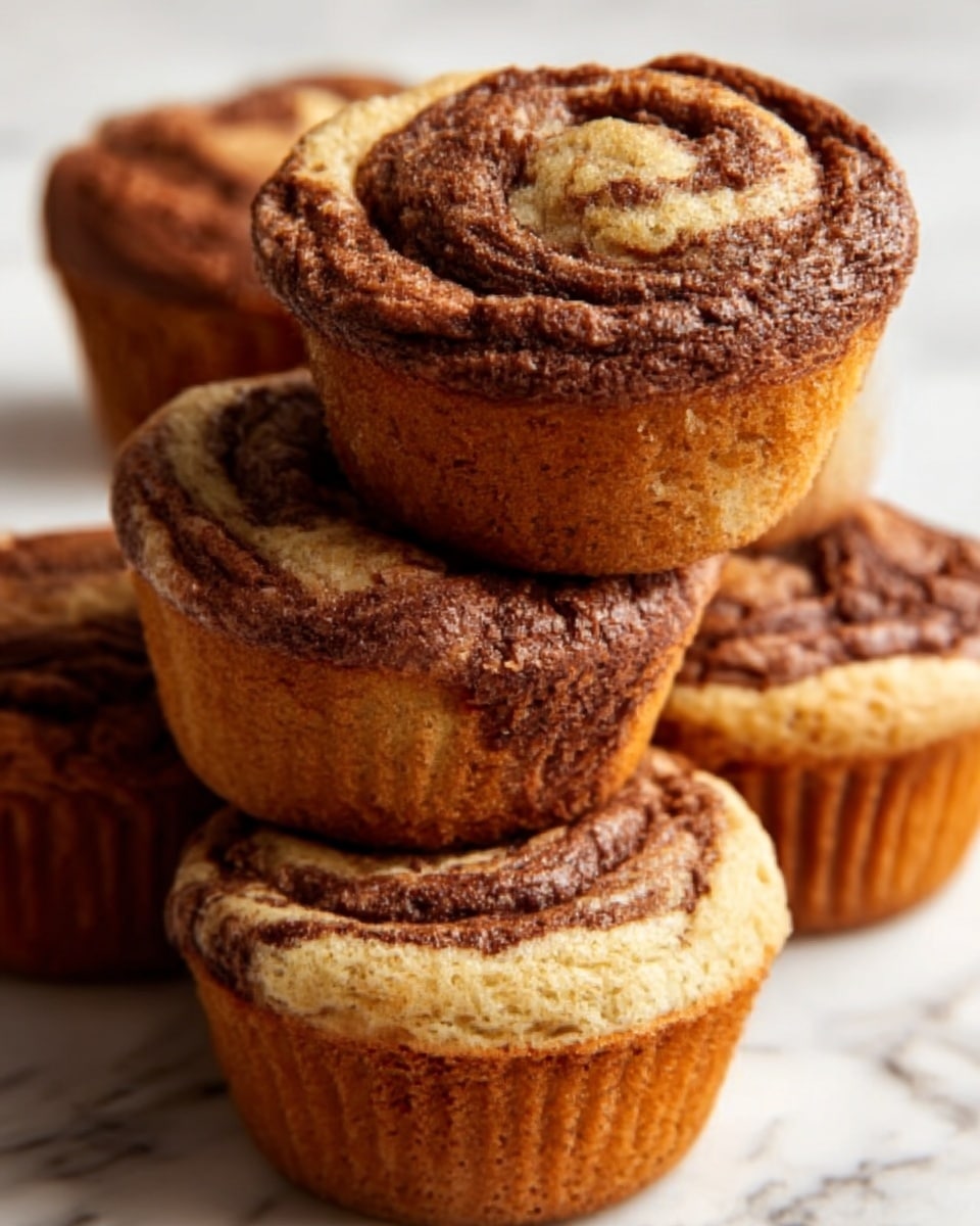 A close-up of five muffins stacked with two in front and three behind, showing a swirl pattern on top made of light brown and dark brown batter. The muffins have a soft, slightly crumbly texture with the darker swirls sitting on top and mixing into the lighter base. The background is a white marbled texture. photo taken with an iphone --ar 4:5 --v 7